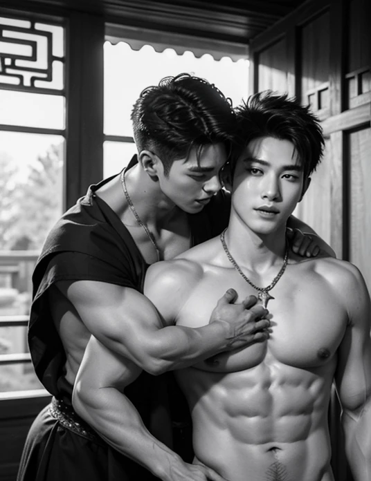 Two  handsome boys kissing, smiling at each other,hugging, kissing, touching lips, cuddle, Chinese Men God, Mythology, realistic, Chinese odyssy, super Handsome,manly,  kpop idol, handsome korean actor, 20 years old,, detailed face, manly jawline, detailed mess curly styling hair,  Topless, Muscles, big breast Athlete body, Full Frame, Sexy, realistic, human skin, tattoo breast, Professional studio Lighting, long red dong huang Outfit, jade and golden pendent all over body, detailed jewery armor, Chinese ancient golden palace Background,out door, detailed background,look at camera ,  open mouth, sexy Underneathe Underwear, tibet Warrior, Hanfu God,  tibet Male, tibet Nobel, Seduce, Sex Appeals , naked body, super big cock, long big dick masturbate,detailed dick and ball, dick in correct shape, big juicy butts.