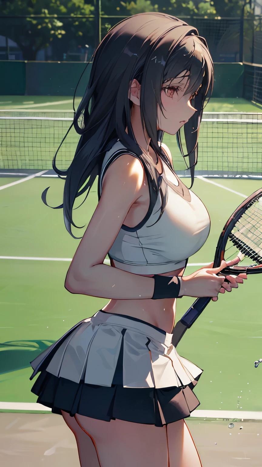 ((best quality)), ((masterpiece)), (detailed), perfect face, (best quality), (detailed skin:1.3), (intricate details), (Female tennis player), sweat pouring out, a scene during the game, tifa lockhart, cowboy shot, Tennis court, side ponytail, WILSON/ULTRA100 V3.0, 1 tennis racket, Wimbledon, forehand