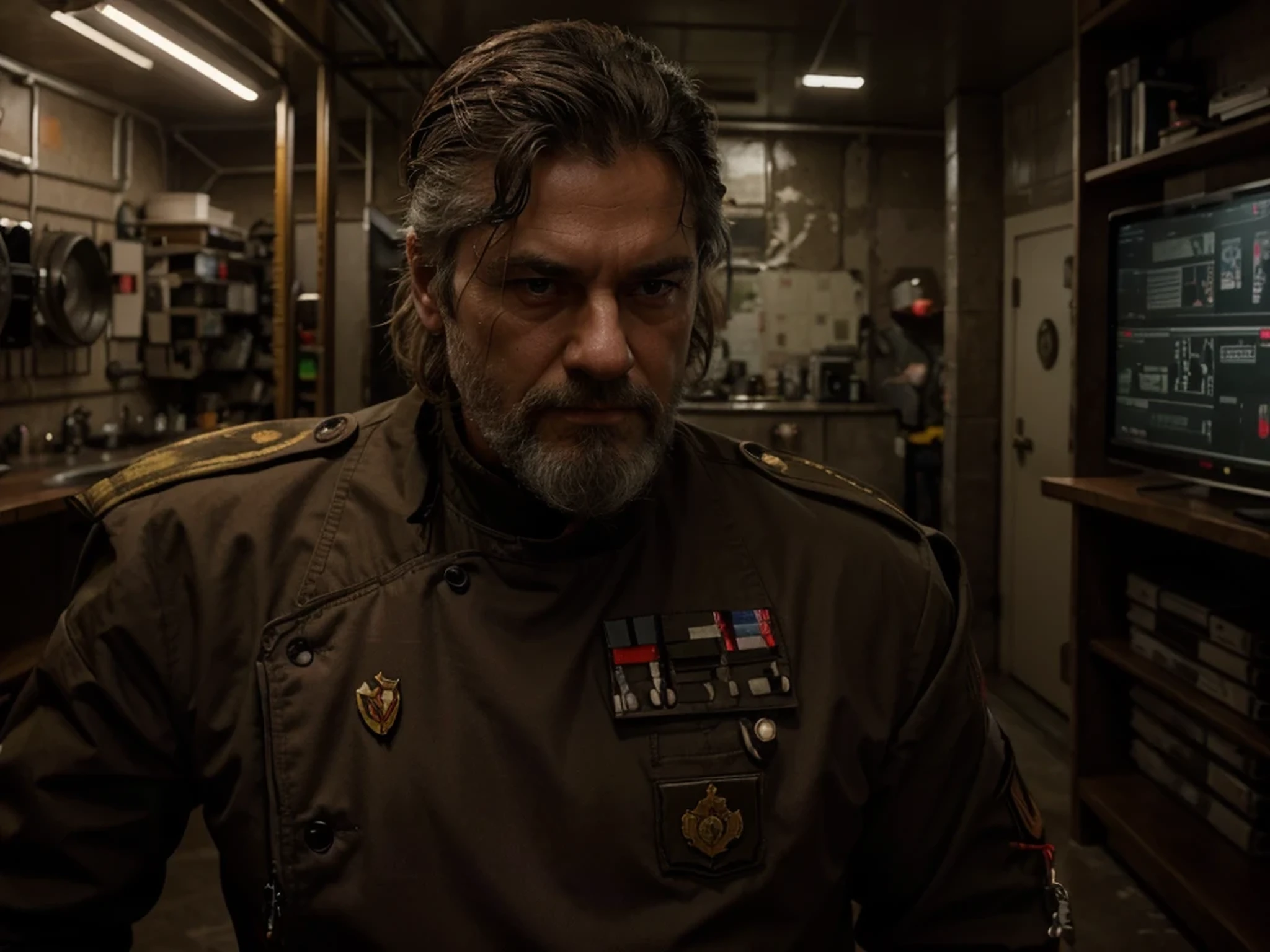 male soldier, mature-aged man, Russian face with severe expression, messy gray hair, very thick long gray beard, wears light brown Soviet style military uniform with red details and many medals, he is in concrete bunker with dim light, room of ultra advanced servers like many computer screens on the wall with hacking sign, red screens, Russian letters, many cables everywhere, servers with red lights, 4k, ultra detailed image, Realistic, highly detailed, perfect composition, gorgeous, Intricately detailed, incredibly detailed, 8 k artistic photography, hyper detailed, masterpiece, ultra detailed, hyper Realistic, 4k, ultra detailed image, Realistic, very detailed, perfect composition, gorgeous, Intricately detailed, incredibly detailed, 8 k artistic photography, hyper detailed, masterpiece