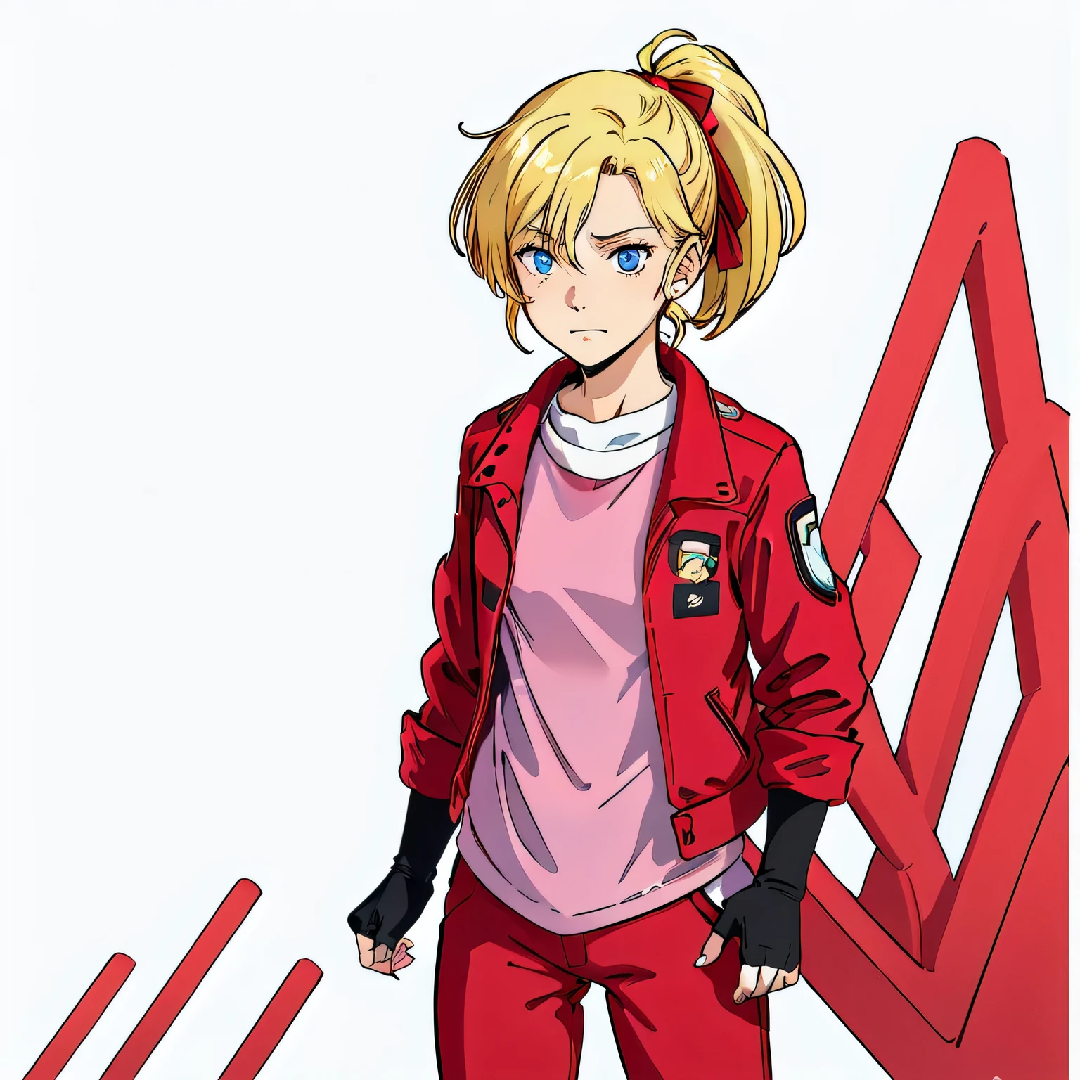 masterpiece,high quality,White Background,alone,
Elebianno,One girl,
Long Hair,High Ponytail,Hair Ribbon,bangs,Blonde,Hair between the eyes,blue eyes,
Red jacket,Symbolism,Open jacket,(Long shirt:1.5),Long sleeve,
Black gloves,Fingerless gloves,
Red trousers,
Shy face,