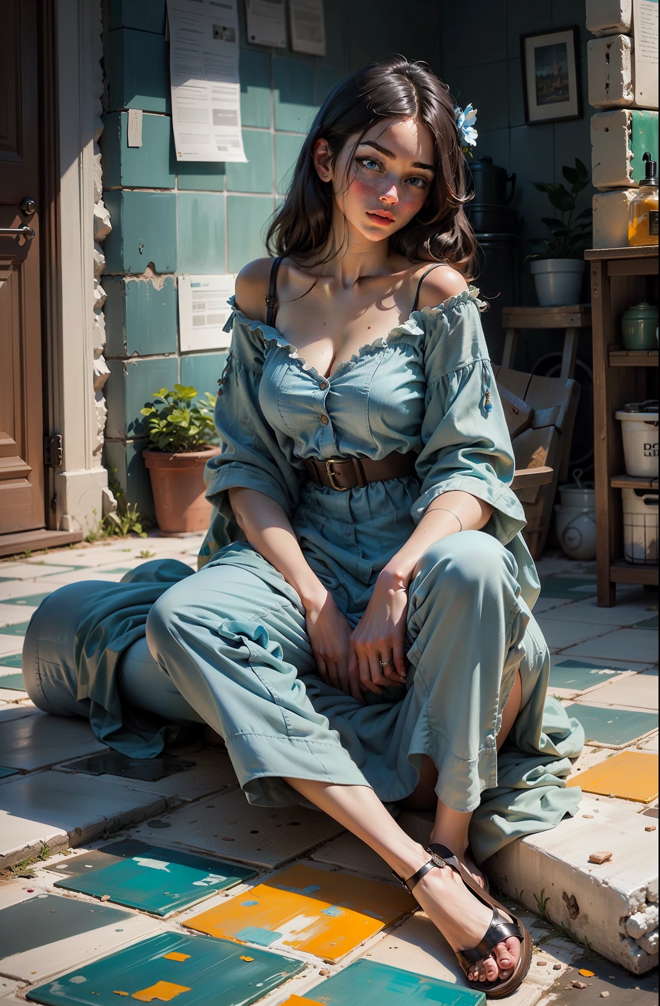 Oil painting, large brush strokes, woman in a blue dress, sitting on a tiled floor, painted tiles, full body portrait painting, inspired by Picasso inspired by Monet inspired by WLOP, prize winning artwork