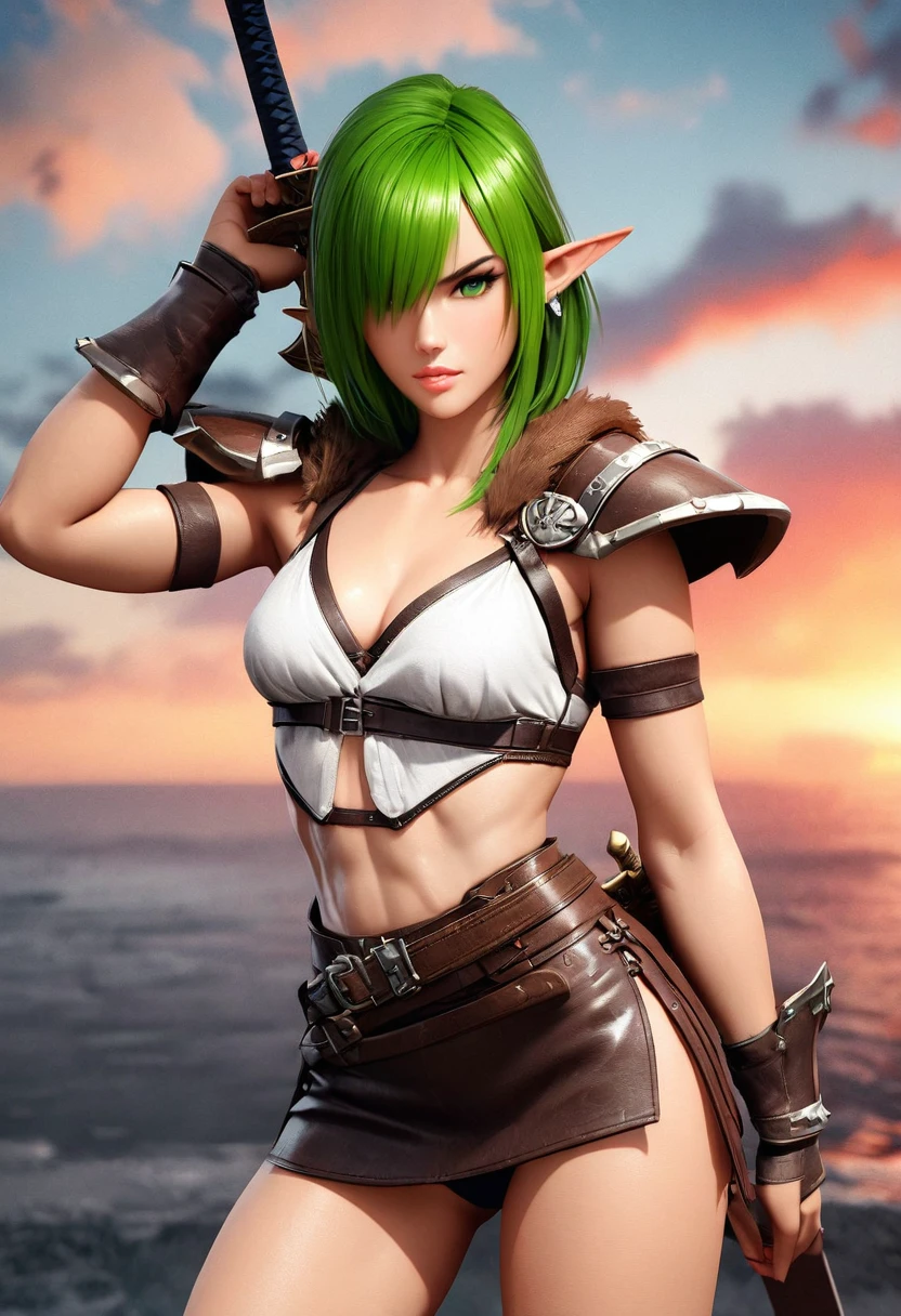 8K, (masterpiece, Best Quality)+ cowboy shot of a barbarian elf (Like the real thing)+ realistic skin, Looking at Viewer, Short hair, green mohawk hair, cleavage, Jewelry, small full breasts, Upper body, whole body, sword ,earrings, armor, Hair over one eye, Green eyes, short elf ears, shoulder armor, Realistic, at high resolution, Masterpiece, A hyper-realistic, Fantasy art, character art, cinestill 800, alluring glance, A sexy closeup, combat scene, action scene, action pose, dynamic pose, Rugged look, Glaring at the viewer, Athletic and muscular body, Split abs, long thin muscular legs, (ultra quality)++, (masterpiece)++, 1girl, barbarian elf, (Red, red hair)++, (Beautiful cute face)+, (beautiful female lips)+, Charming, (serious expression)++, looks at the camera with a gentle smile, eyes are slightly closed, (skin color white)+, Body glare, (detailed beautiful female eyes)++, (dark green eyes)++, (juicy female lips)+, (beautiful female hands)+, (perfect female hands)++, (perfect female figure)++, perfect female body, Beautiful waist, gorgeous big thighs, Beautiful little breasts, (Subtle and beautiful)++, seductively sits, (close up face)+, (Barbarian outfit, Barbarian armor, Leather skirt, Pelt Skirt, (armor:1.2)+)++, background: Beautiful sunset, (Depth of field)++, (high quality clear image)++, (crisp details)+, (highly detailed)++, Realistic, Professional Photo Session, (Clear Focus)++, the anime! girl! in the middle of a red and white movie!! in a dark studio, complex artistic color ink pen illustration, subtle detailing, masterfully illustrated by Artgerm and Range Murata. 3D render, digital, game art