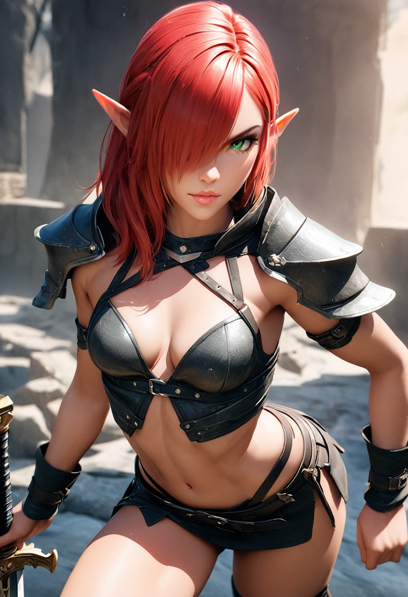 8K, (masterpiece, Best Quality)+ cowboy shot of a barbarian elf (Like the real thing)+ realistic skin, Looking at Viewer, Short hair, green mohawk hair, cleavage, Jewelry, small full breasts, Upper body, whole body, sword ,earrings, armor, Hair over one eye, Green eyes, short elf ears, shoulder armor, Realistic, at high resolution, Masterpiece, A hyper-realistic, Fantasy art, character art, cinestill 800, alluring glance, A sexy closeup, combat scene, action scene, action pose, dynamic pose, Rugged look, Glaring at the viewer, Athletic and muscular body, Split abs, long thin muscular legs, (ultra quality)++, (masterpiece)++, 1girl, barbarian elf, (Red, red hair)++, (Beautiful cute face)+, (beautiful female lips)+, Charming, (serious expression)++, looks at the camera with a gentle smile, eyes are slightly closed, (skin color white)+, Body glare, (detailed beautiful female eyes)++, (dark green eyes)++, (juicy female lips)+, (beautiful female hands)+, (perfect female hands)++, (perfect female figure)++, perfect female body, Beautiful waist, gorgeous big thighs, Beautiful little breasts, (Subtle and beautiful)++, seductively sits, (close up face)+, (Barbarian outfit, Barbarian armor, Leather skirt, Pelt Skirt, (armor:1.2)+)++, background: Beautiful sunset, (Depth of field)++, (high quality clear image)++, (crisp details)+, (highly detailed)++, Realistic, Professional Photo Session, (Clear Focus)++, the anime! girl! in the middle of a red and white movie!! in a dark studio, complex artistic color ink pen illustration, subtle detailing, masterfully illustrated by Artgerm and Range Murata. 3D render, digital, game art