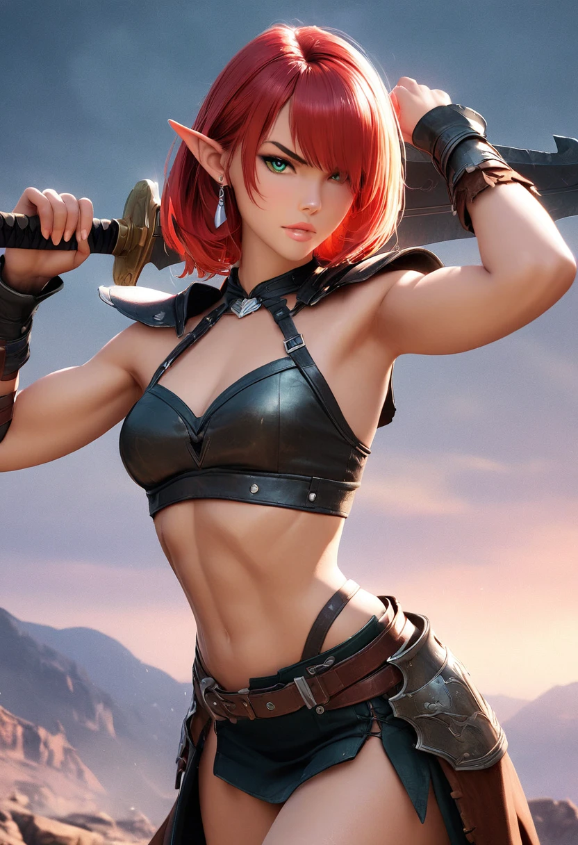 8K, (masterpiece, Best Quality)+ cowboy shot of a barbarian elf (Like the real thing)+ realistic skin, Looking at Viewer, Short hair, green mohawk hair, cleavage, Jewelry, small full breasts, Upper body, whole body, sword ,earrings, armor, Hair over one eye, Green eyes, short elf ears, shoulder armor, Realistic, at high resolution, Masterpiece, A hyper-realistic, Fantasy art, character art, cinestill 800, alluring glance, A sexy closeup, combat scene, action scene, action pose, dynamic pose, Rugged look, Glaring at the viewer, Athletic and muscular body, Split abs, long thin muscular legs, (ultra quality)++, (masterpiece)++, 1girl, barbarian elf, (Red, red hair)++, (Beautiful cute face)+, (beautiful female lips)+, Charming, (serious expression)++, looks at the camera with a gentle smile, eyes are slightly closed, (skin color white)+, Body glare, (detailed beautiful female eyes)++, (dark green eyes)++, (juicy female lips)+, (beautiful female hands)+, (perfect female hands)++, (perfect female figure)++, perfect female body, Beautiful waist, gorgeous big thighs, Beautiful little breasts, (Subtle and beautiful)++, seductively sits, (close up face)+, (Barbarian outfit, Barbarian armor, Leather skirt, Pelt Skirt, (armor:1.2)+)++, background: Beautiful sunset, (Depth of field)++, (high quality clear image)++, (crisp details)+, (highly detailed)++, Realistic, Professional Photo Session, (Clear Focus)++, the anime! girl! in the middle of a red and white movie!! in a dark studio, complex artistic color ink pen illustration, subtle detailing, masterfully illustrated by Artgerm and Range Murata. 3D render, digital, game art