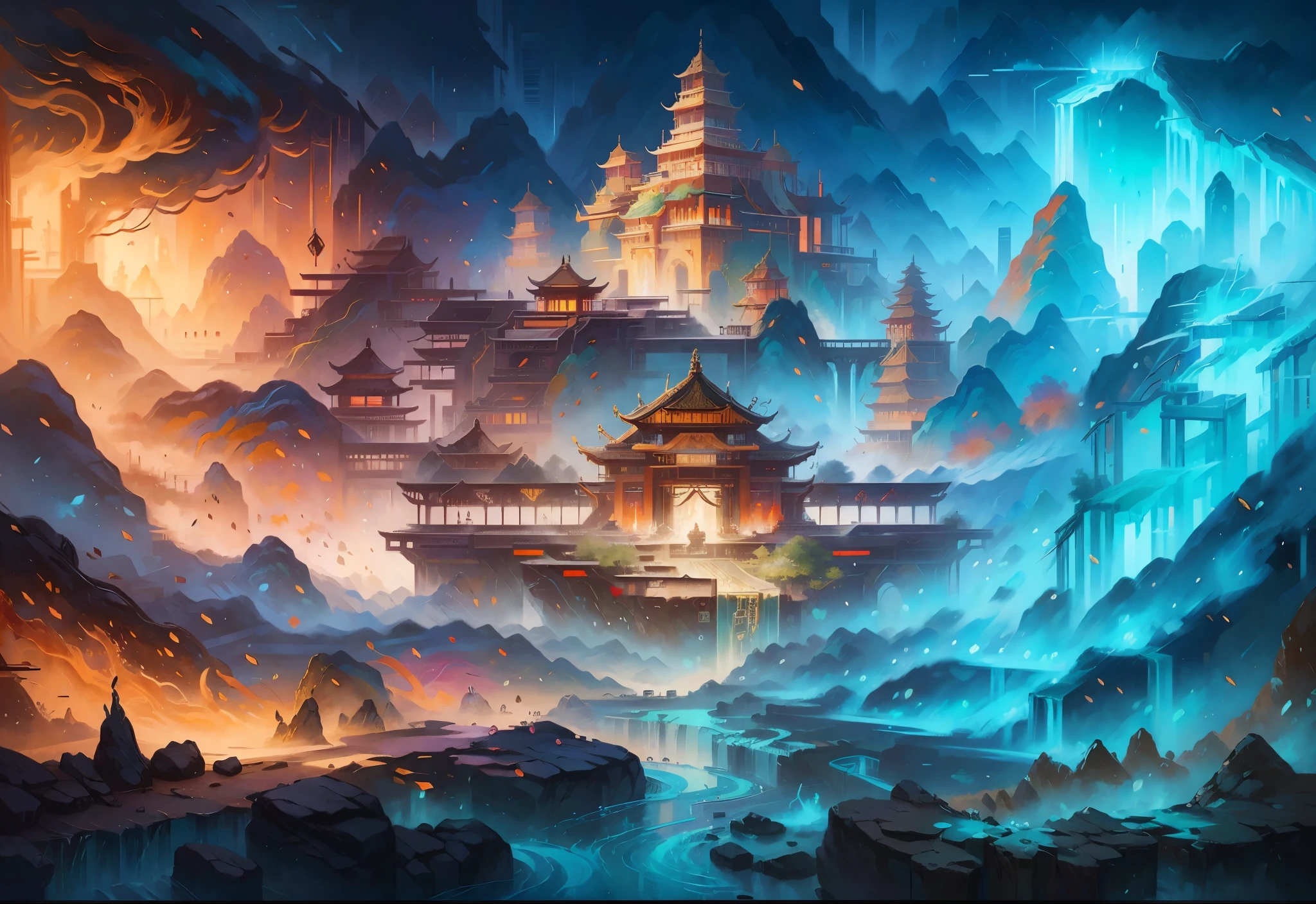 painting of a fantasy castle surrounded by mountains and a waterfall, cyberpunk chinese ancient castle, 8k stunning artwork, 4k highly detailed digital art, andreas rocha style, 4k detailed digital art, inspired by Andreas Rocha, 8k high quality detailed art, 4k fantasy art, chinese fantasy, epic fantasy digital art style, detailed digital 2d fantasy art