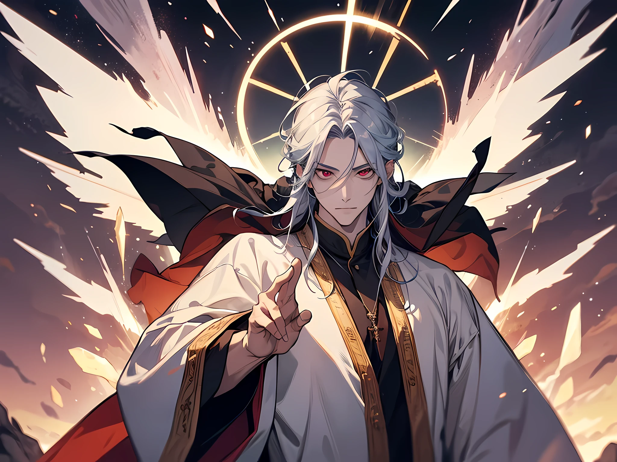 holy holy shaman, priest, teacher, spiritual man with halo and aura, asian man, wearing a flowing robe, Summon spiritual power with crystals, The background is a gentle hill, I feel elegant, Calm, peaceful, daytime light, Character Design, art:mark lyden, Greg Simkins, Jason Limon, and quintana. red eyes, eyes finely detailed, extremely detailed eyes, (half-body:0.6)