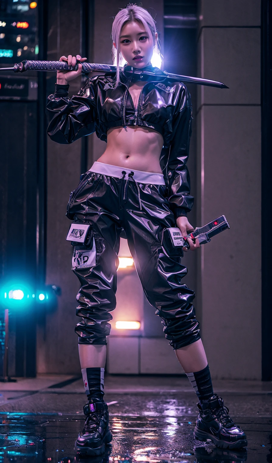 highest quality、Surreal、Perfect Anatomy、crowded downtown area、Wet and shiny white skin、Slender model figure、Ahegao、Silver Hair、black micro bikini、soaked、Ten head body、Collars and Leads、Natural lighting、Cyberpunk City、neon lights、urban techwear