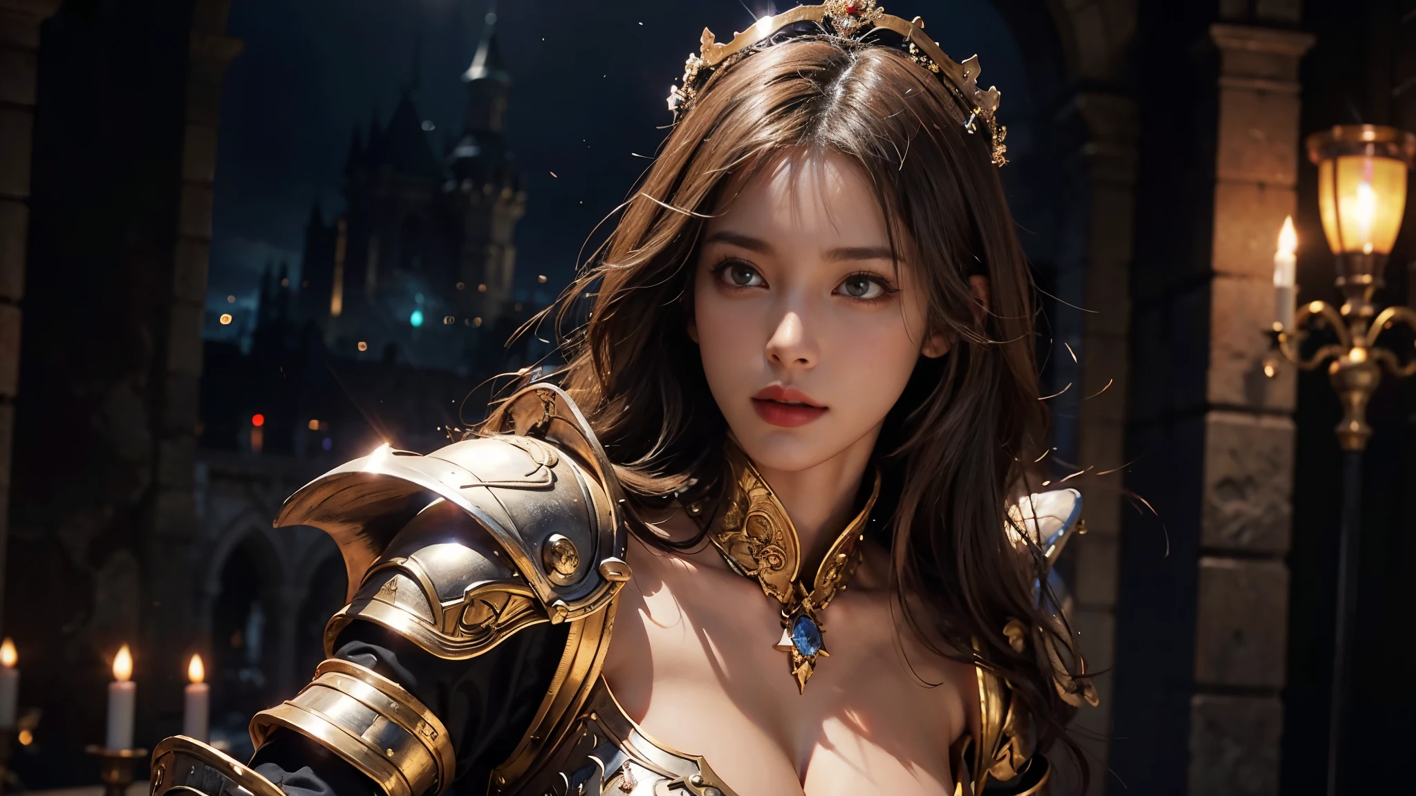individual, very pretty girl, Gorgeous armor,Complex patterns, crown, Very detailed,Large Breasts, deadly face, Mouth tightly shut,Sharp focus, The background is the old castle, Concept Art, Very detailed, Realistic, Octane Rendering, Unreal Engine, Depth of Field, pentagonal bokeh,dramatic,half body shot,Looking at the camera