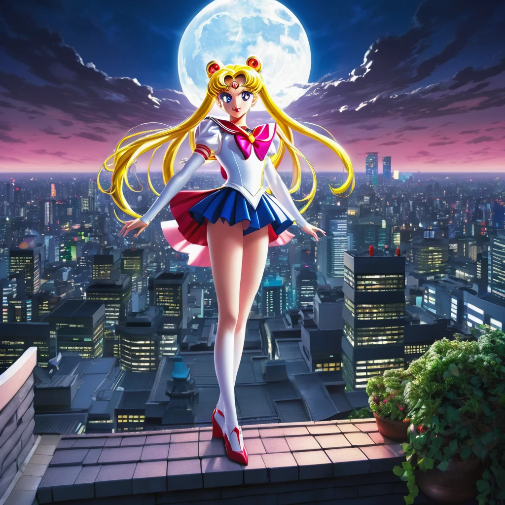 Sailor moon in her magical form is standing on her rooftop watching a shadow monster descend upon Tokyo, her magic is tingling, night time