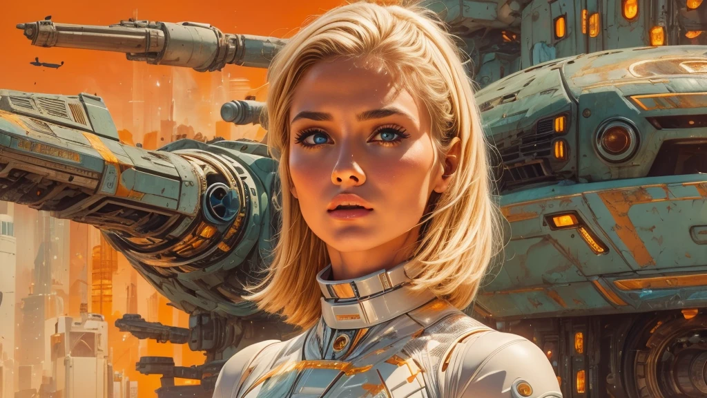 arafed image of a white woman in a futuristic suit with a spaceship in the background, movie art, in front of an orange background, inspired by Robert McGinnis, female protagonist, megastructure in the background, portrait of an ai astronaut, astronauts, an astronaut, portrait of a astronaut skeletor, perfect android girl, detailed eyes, perfectly detailed teeth, frank franzzeta and sakimichan