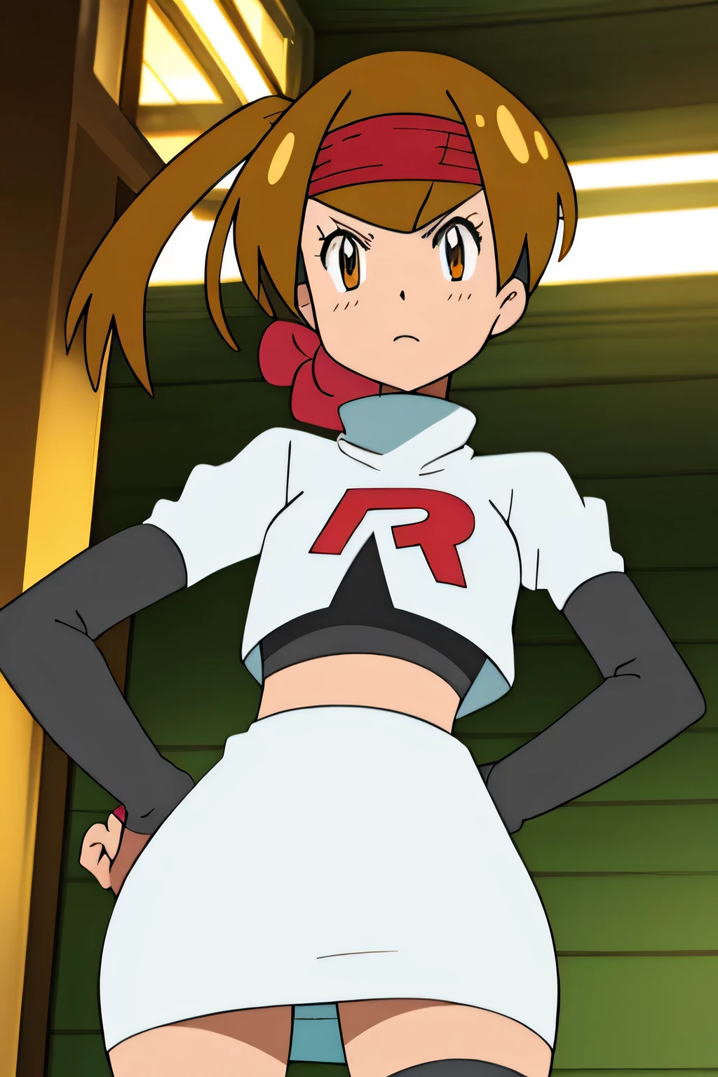 masterpiece,best quality,high res,high quality,8k, masterpiece,highres, team rocket uniform, red letter r, white skirt,white crop top,black thigh-high boots, black elbow gloves,glaring angrily, looking down at viewer, hands on hips, cowboy shot, zettai ryouiki,from below, black panties,anime style, vivid colors, sharp focus, intense lighting,jessie rasberry,headband