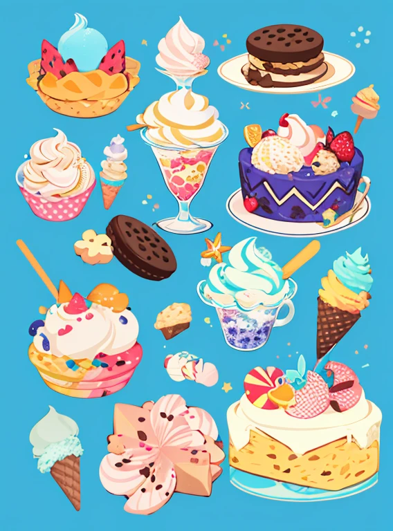 Individual stickers， 1sticker， （ice cream），（cookies）， blue background， nothing background， simple background， dk， adorable， pastel colour， vector style， no gradient，Refinement。Various foods, sweets