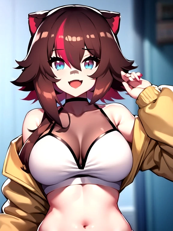 Rakkun, 1girl, solo, breasts, looking at viewer, smile, short hair, open mouth, bangs, blue eyes, large breasts, brown hair, shirt, long sleeves, animal ears, cleavage, hair between eyes, bare shoulders, collarbone, jacket, upper body, red hair, multicolored hair, choker, fang, virtual youtuber, blurry, two-tone hair, streaked hair, halterneck, white choker, ;d, bandaid, skin fang, brown jacket, colored inner hair, multicolored eyes, bandaid on face, photo, raccoon ears, bear ears, colored tips, bandaid on nose, raccoon girl,  sexy,cuerpo completo,