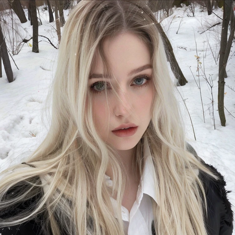 Mujer rubia con pelo largo en el bosque invernal con nieve., Anna Nikolanova aka Newmilky, Cabello largo y rubio y ojos grandes, Yelena Belova, Chica perfecta de pelo blanco, 🤤 girl portrait, Cabello largo y rubio y ojos grandes, very long snow colored hair, cabello rubio y ojos grandes, pale hair, extremely pale white skin, with pale skin, con pelo largo blanco