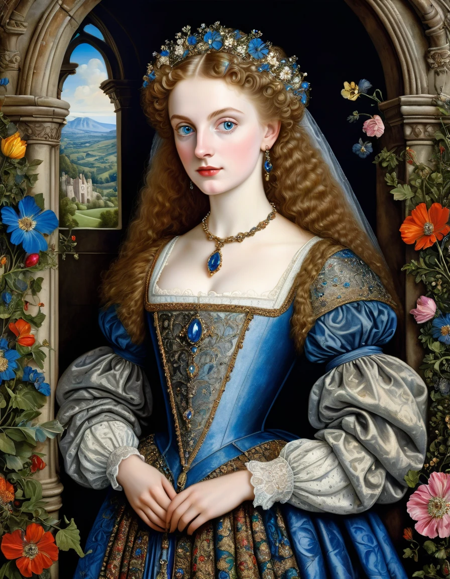 a photorealistic  picture of  beautiful Imaginary [Queen:Maude Adams:0.1] of Ancient Medieval era, Nicholas Hilliard dan Isaac Oliver oil on canvas painting style, insanely detailed and intricate Medieval Scene Background, hyper maximalist