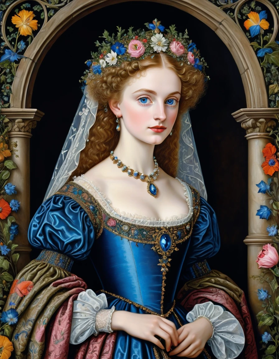 a photorealistic  picture of  beautiful Imaginary [Queen:Maude Adams:0.1] of Ancient Medieval era, Nicholas Hilliard dan Isaac Oliver oil on canvas painting style, insanely detailed and intricate Medieval Scene Background, hyper maximalist
