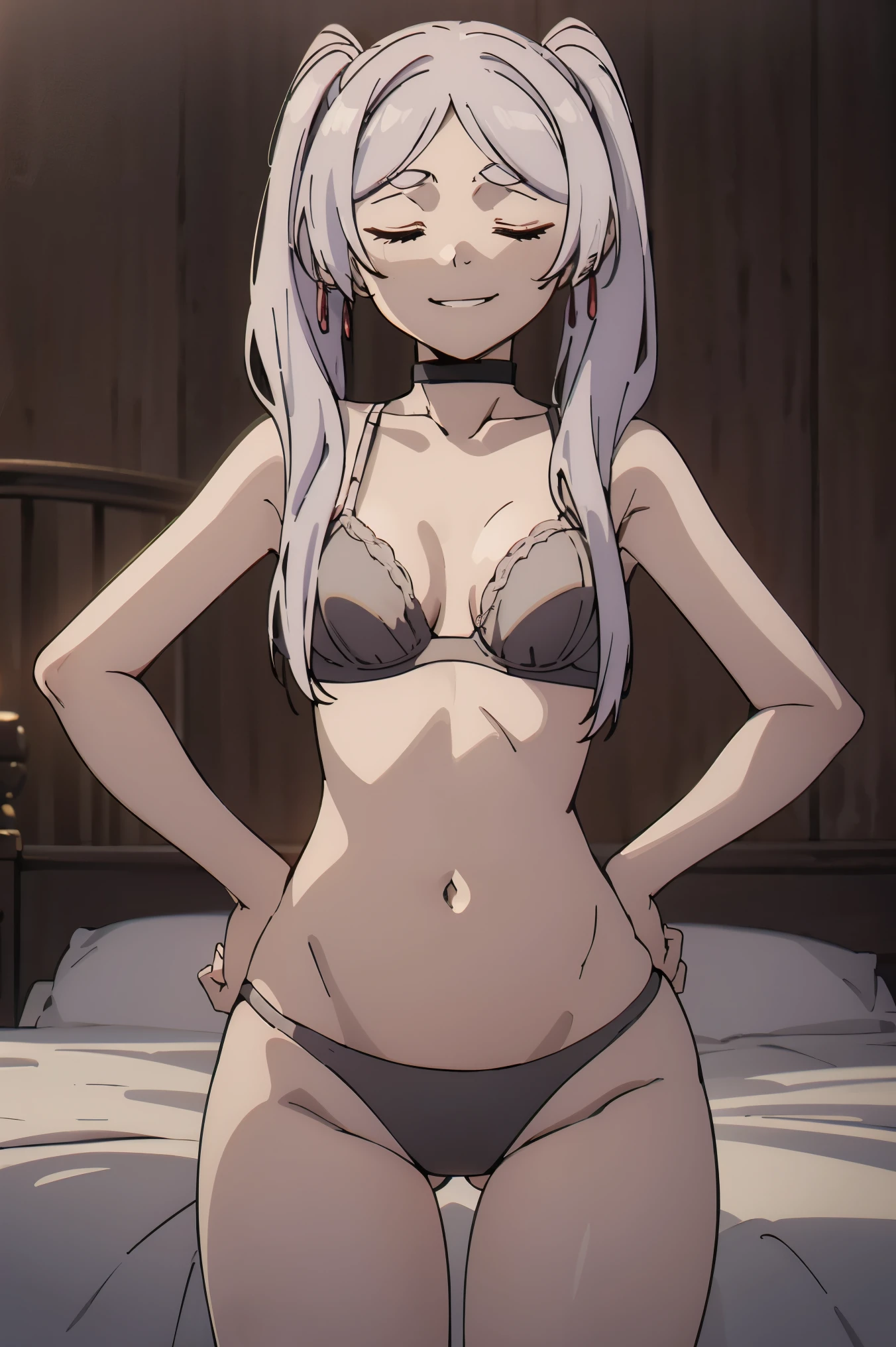 (Best Quality, Masterpiece),sexy, erotic, 1girl, 18 years old, Contempt, pride, silver hair, 2 ponytails, ((white bra)), (((small breasts))), bedroom, ((cowboy shot)), ((smirk)), looking at viewer, (closed eyes), (mischievous look), ((hands on hips)), ((slim)), (((peeing self)))