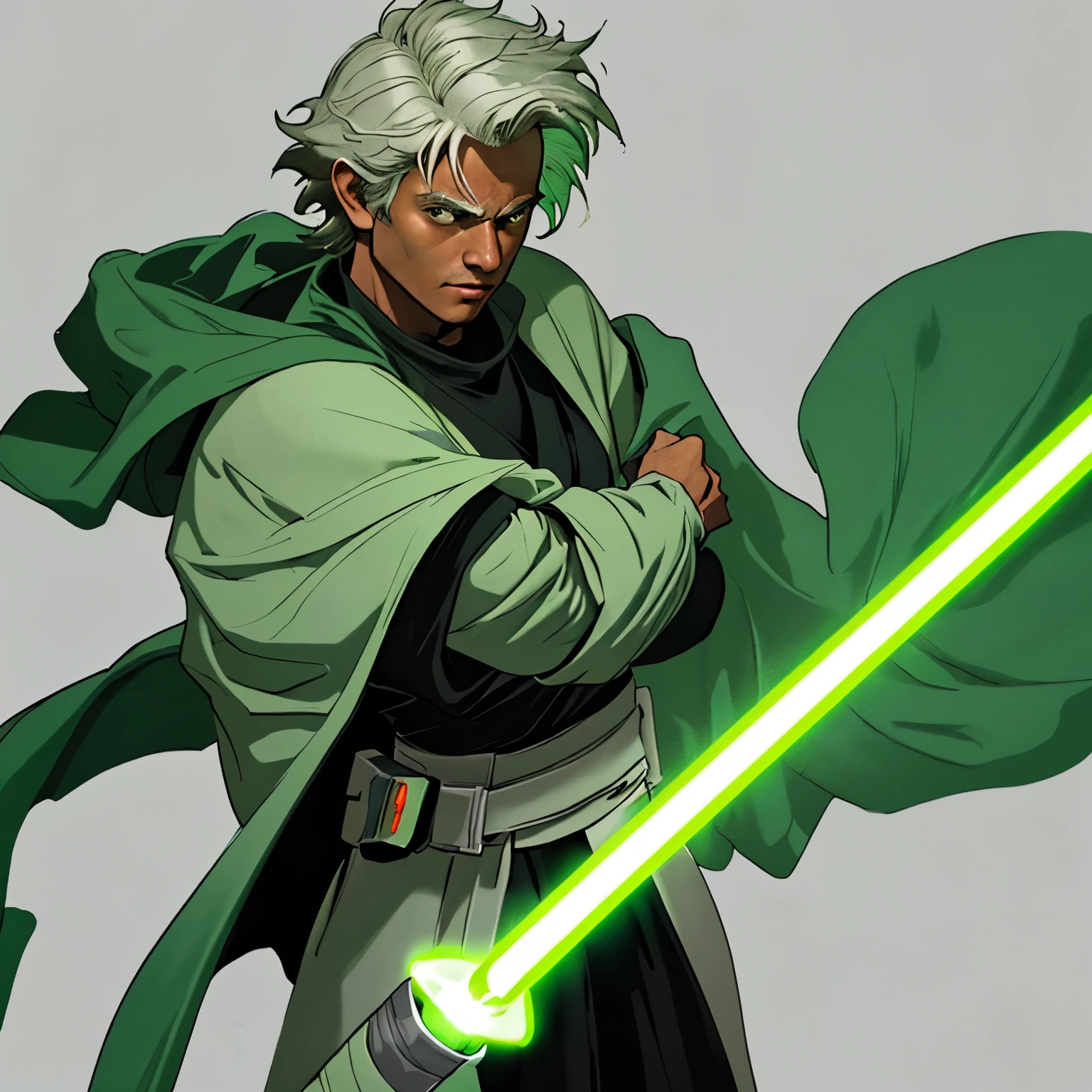 Crie um personagem de Star Wars. Um cavaleiro Jedi que tem cerca de 25 anos, holding his green lightsaber in hands.