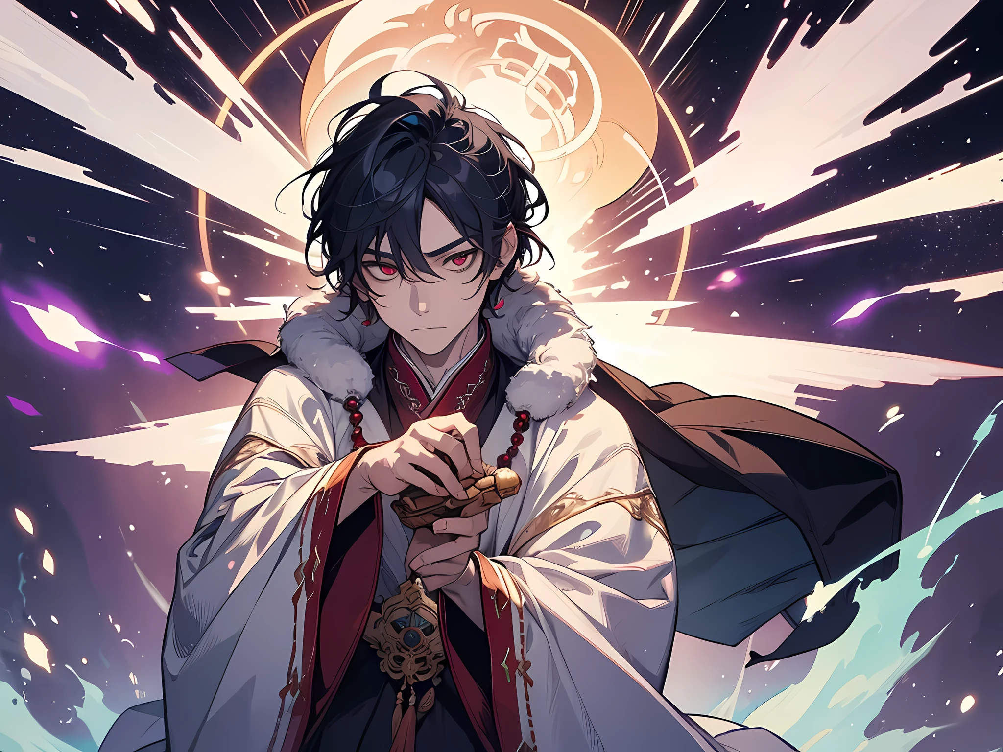 holy holy shaman, priest, teacher, spiritual man with halo and aura, asian man, wearing a flowing robe, Summon spiritual power with crystals, The background is a gentle hill, I feel elegant, Calm, peaceful, daytime light, Character Design, art:mark lyden, Greg Simkins, Jason Limon, and quintana. red eyes, eyes finely detailed, extremely detailed eyes, (half-body:0.6)