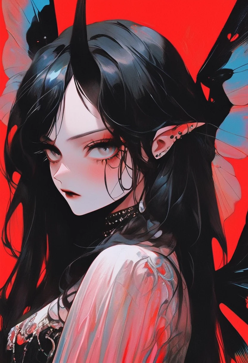 pale devil girl , ((por encima de la cintura)), disparo desde muy lejos, (largeeyes, Los ojos son delicados rasgados y hermosos ., cara hermosa y delicada, detalles de cuerpo completo), (sombreado de prisma, holographic environment, chromatic:1.2) red gothic background , (long right angle:1.2) cabello negro