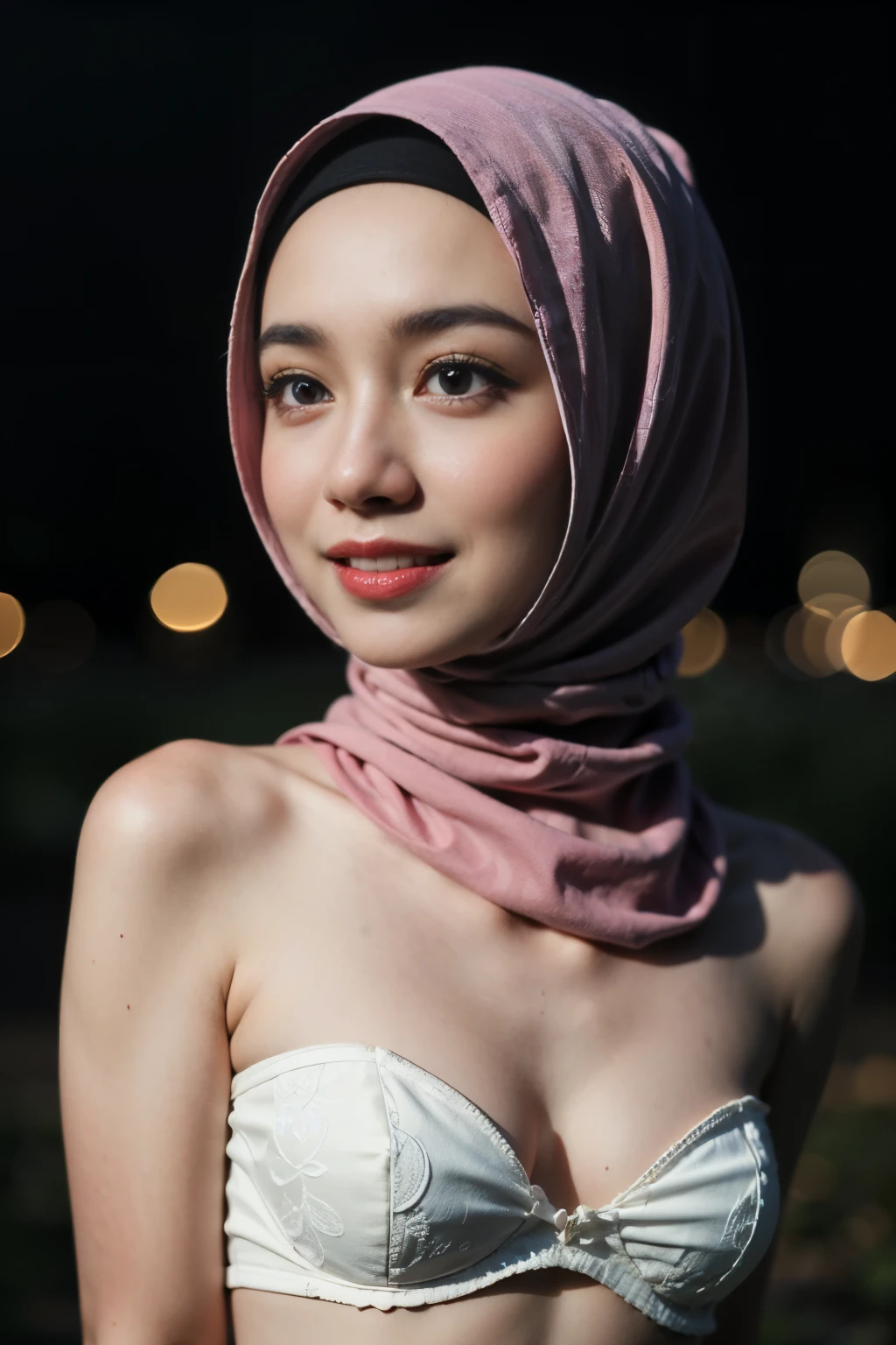 (Happy smile), (((HIJAB MALAY GIRL))), masutepiece, High quality, UHD 32K, Realistic face, Realistic skin feeling , A Japanese Lady, 8 , , Very cute and baby-like face, (((FLAT CHEST))), (Night time at forest), ((look In front  at the camera and SADNESS)), ((())), (((CUTE GIRL))), ((RED LIPS)), ((Floral Pattern)) little wearing strapless bra, strapless colorful bra, dark night background , black forest night, horror scary place (from behind up) seductive pose