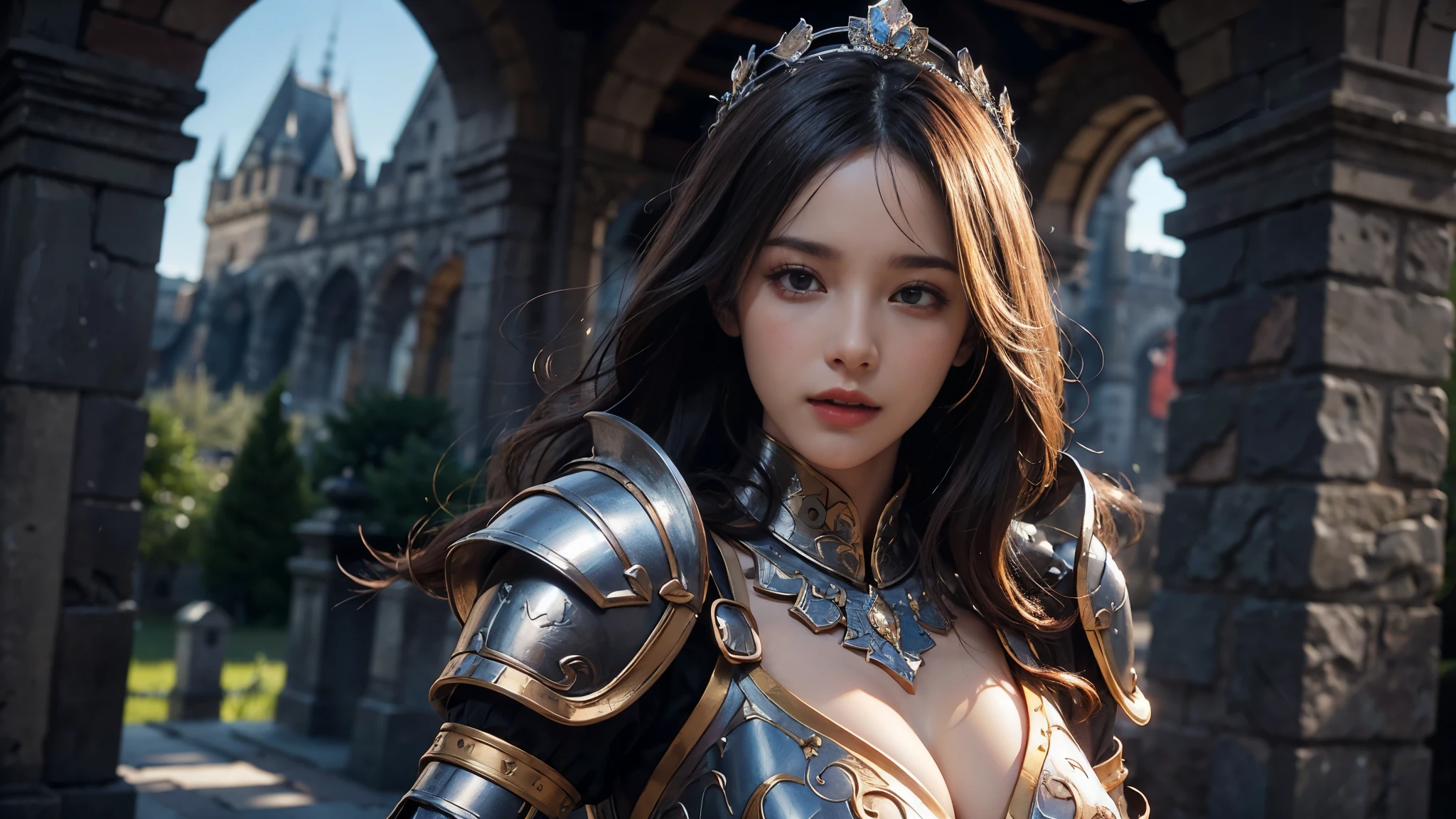 individual, very pretty girl, Gorgeous armor，Complex patterns, crown, Very detailed,Large Breasts, deadly face, Mouth tightly shut，Sharp focus, The background is the old castle， Concept Art, Very detailed, Realistic, Octane Rendering, Unreal Engine, Depth of Field, pentagonal bokeh，dramatic，half body shot，Looking at the camera