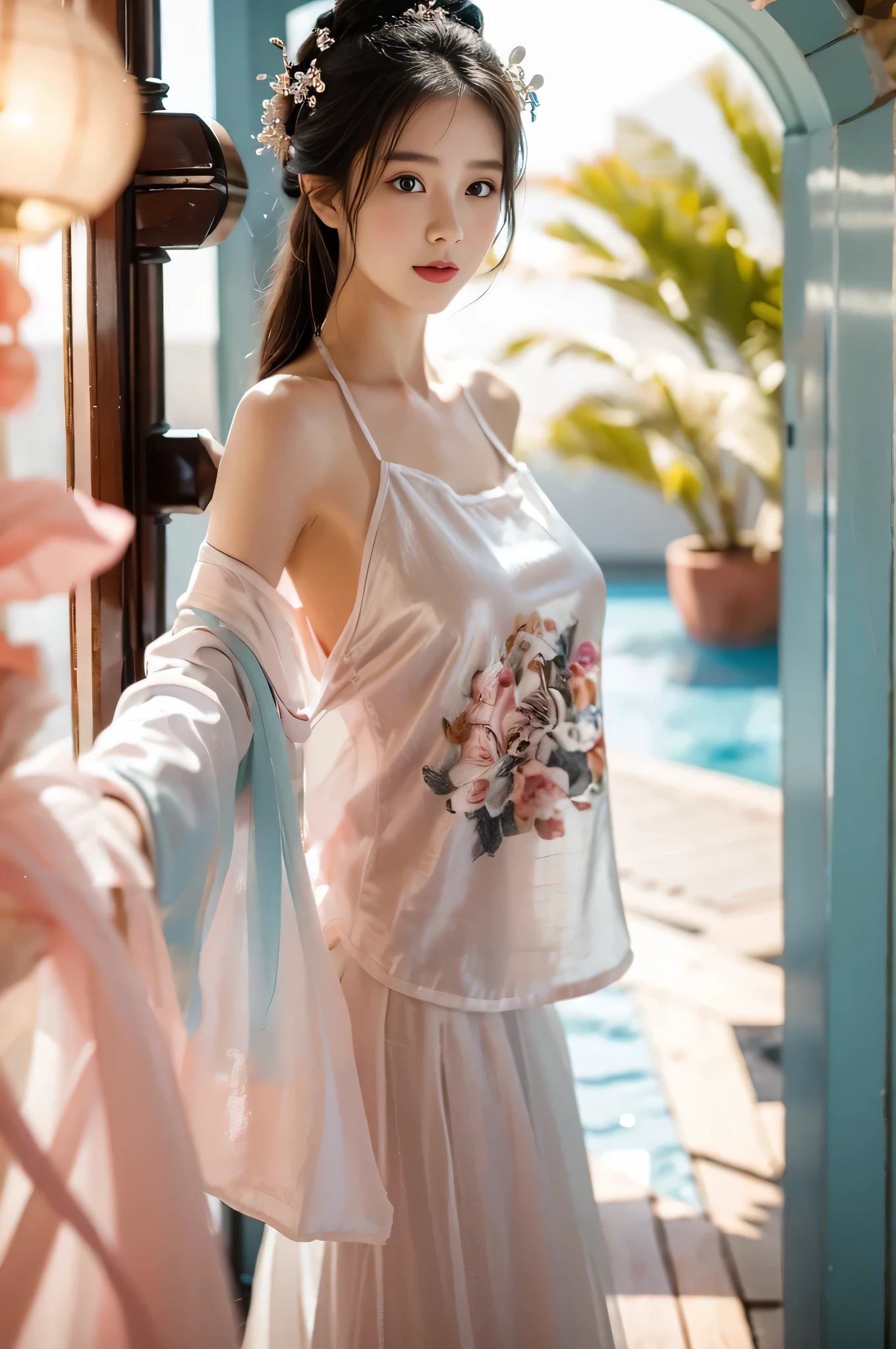 1 girl，(best quality, masterpiece:1.2), Super detailed，Solo selfie，Off-shoulder dress,Chinese Princess, (Pink belly pocket：1.3, ） ( Hanfu，Sea)，cloudy day，Bay window，plant，water surface，Vision，Background Bokeh