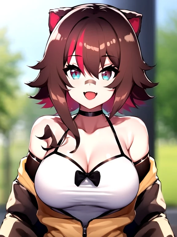 Rakkun, 1girl, solo, breasts, looking at viewer, smile, short hair, open mouth, bangs, blue eyes, large breasts, brown hair, shirt, long sleeves, animal ears, cleavage, hair between eyes, bare shoulders, collarbone, jacket, upper body, red hair, multicolored hair, choker, fang, virtual youtuber, blurry, two-tone hair, streaked hair, halterneck, white choker, ;d, bandaid, skin fang, brown jacket, colored inner hair, multicolored eyes, bandaid on face, photo, raccoon ears, bear ears, colored tips, bandaid on nose, raccoon girl,  sexy,cuerpo completo,vestido,