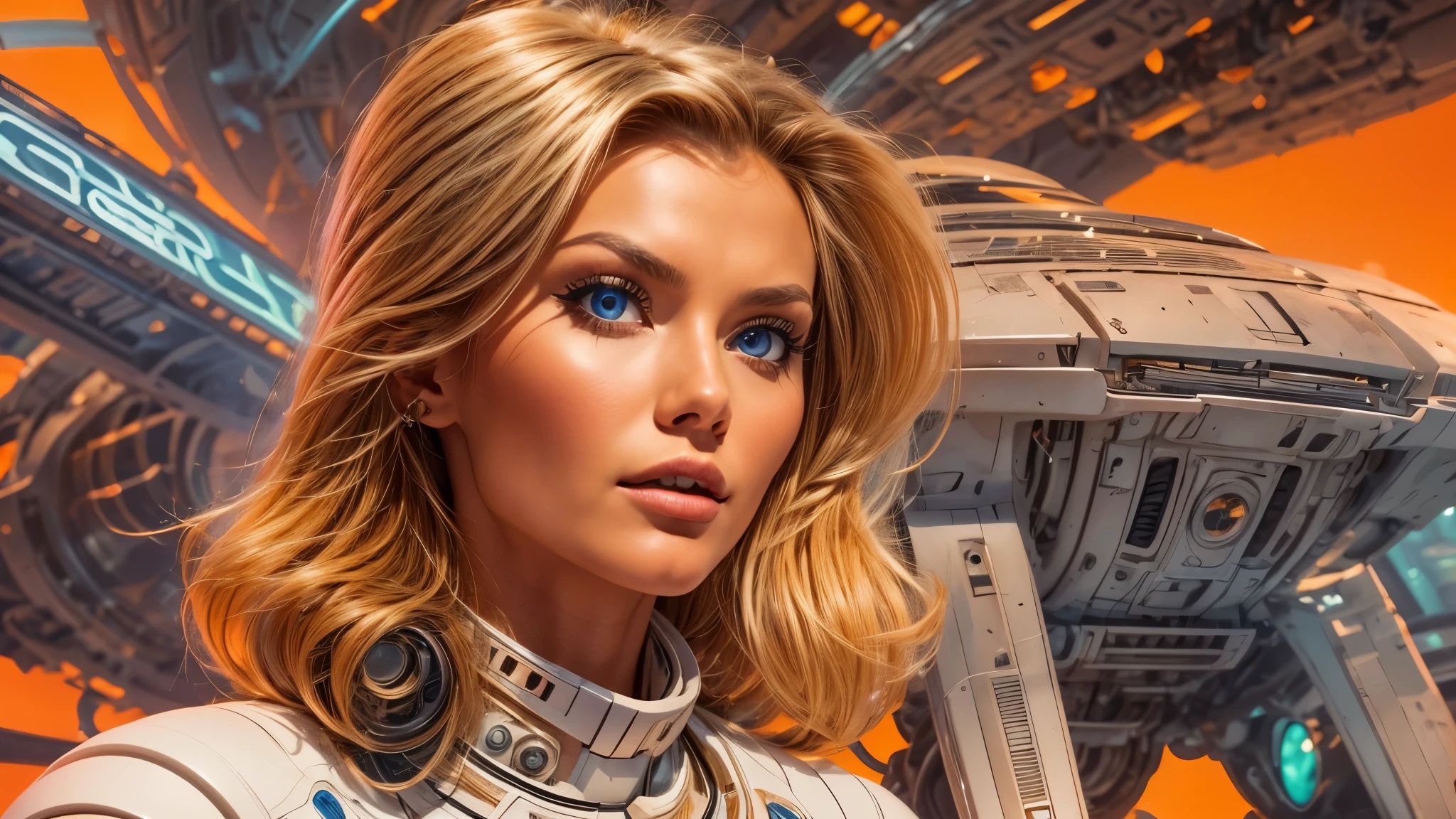 arafed image of a white woman in a futuristic suit with a spaceship in the background, movie art, in front of an orange background, inspired by Robert McGinnis, female protagonist, megastructure in the background, portrait of an ai astronaut, astronauts, an astronaut, portrait of a astronaut skeletor, perfect android girl, detailed eyes, perfectly detailed teeth, frank franzzeta and sakimichan