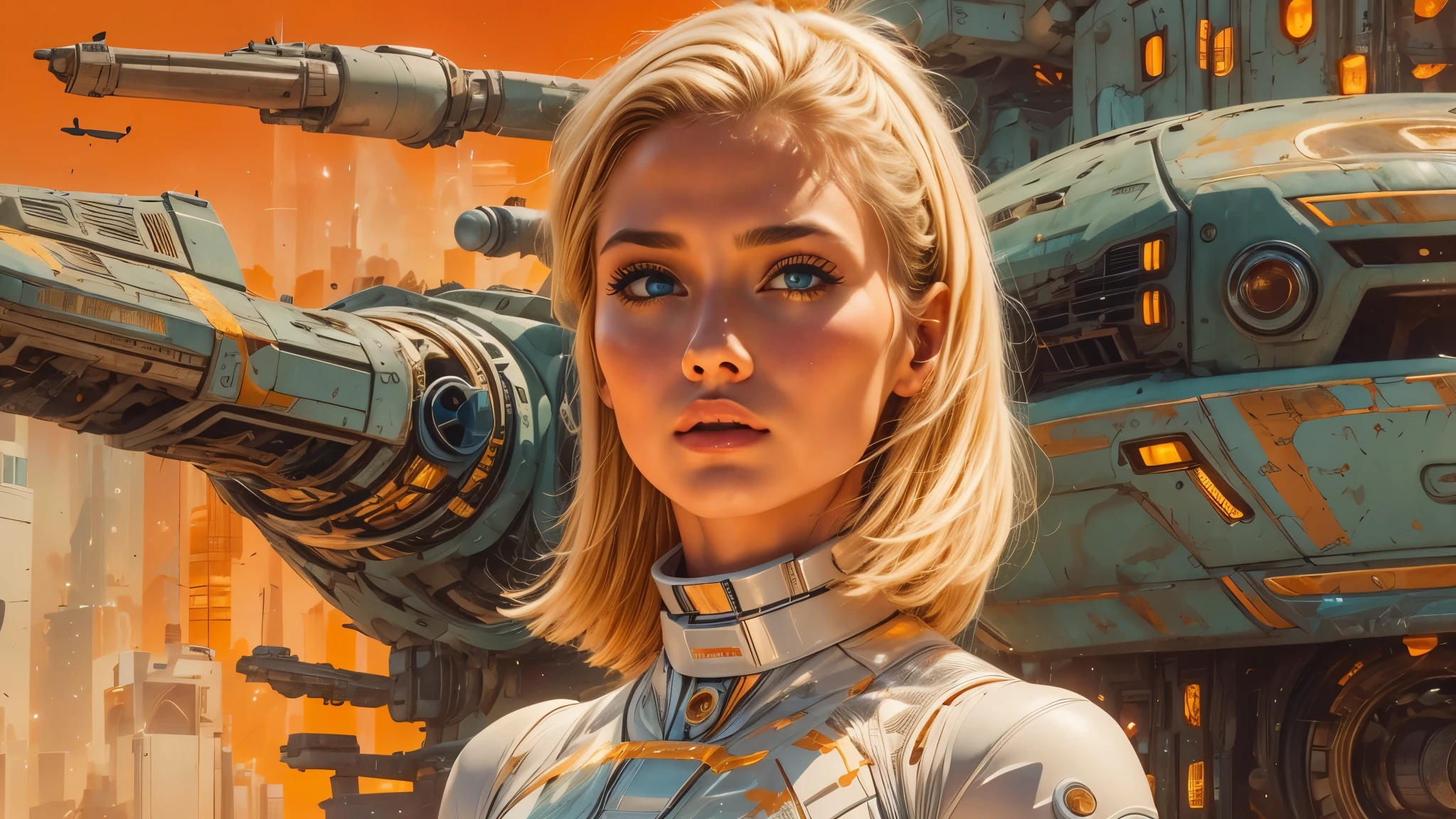 arafed image of a white woman in a futuristic suit with a spaceship in the background, movie art, in front of an orange background, inspired by Robert McGinnis, female protagonist, megastructure in the background, portrait of an ai astronaut, astronauts, an astronaut, portrait of a astronaut skeletor, perfect android girl, detailed eyes, perfectly detailed teeth, frank franzzeta and sakimichan