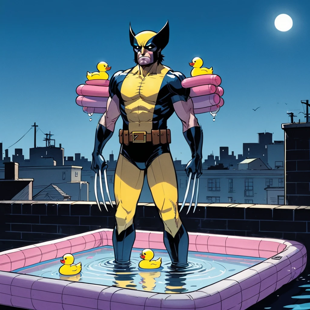 illustrate wolverine, standing on rooftop, wearing iconic x-men wolverine outfit and adorable floaties on upper arms (flotation device), rubber ducks perched on floaties, standing upright in small inflatable swimming pool, rubber ducks floating on the placid water surface, joelle jones hand drawn expressive bold line ink, cel shading, cinematic poster, wordless, nighttime, darkness, only light source neon glow in distance