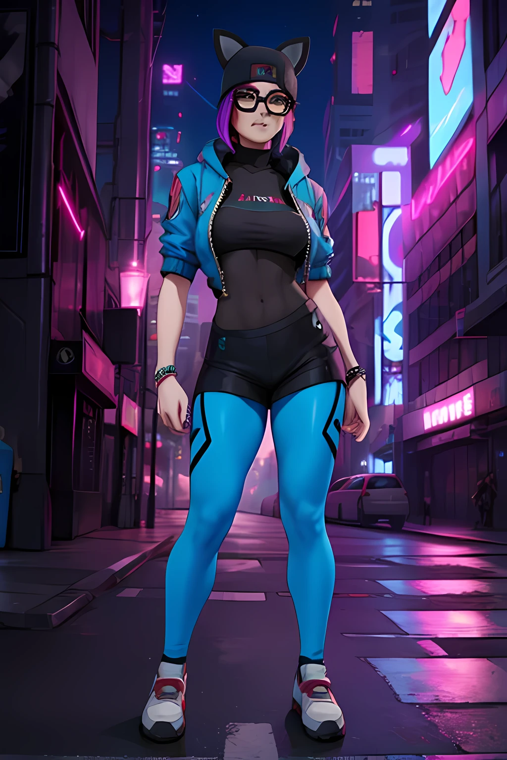 Traje de lince Cyberpunk, Noche, pulsera de picos,gorro de invierno , shorts negro con leggins Azul Marino, chaqueta azul marino , EXTREMADAMENTE DETALLADO, ROSTRO DETALLADO, gafas ,hermoso rostro, ojos finos, mirando al espectador, skateboard.