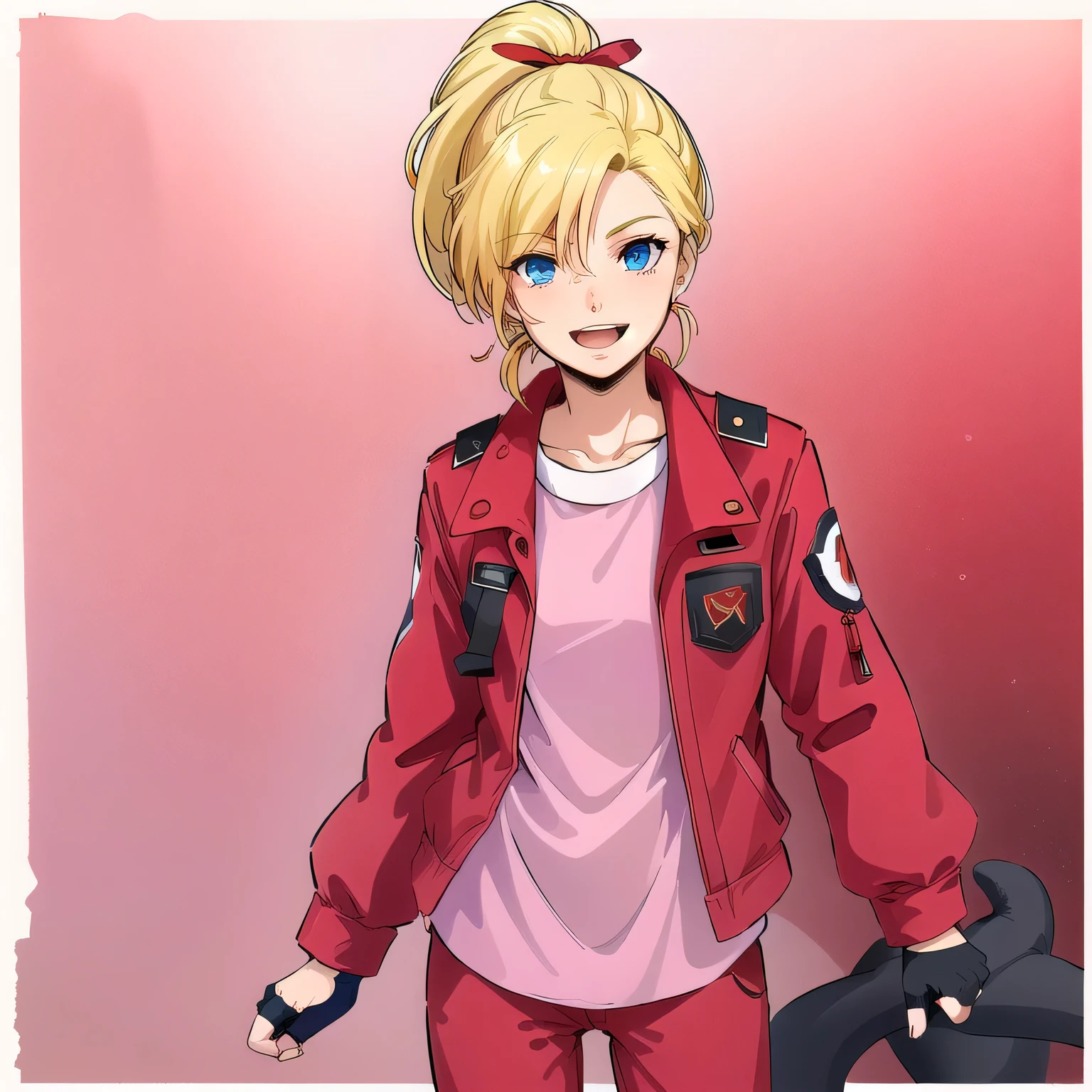 masterpiece,high quality,White Background,alone,
Elebianno,One girl,
Long Hair,High Ponytail,Hair Ribbon,bangs,Blonde,Hair between the eyes,blue eyes,
Red jacket,Symbolism,Open jacket,(Long shirt:1.5),Long sleeve,
Black gloves,Fingerless gloves,
Red trousers,
smile,