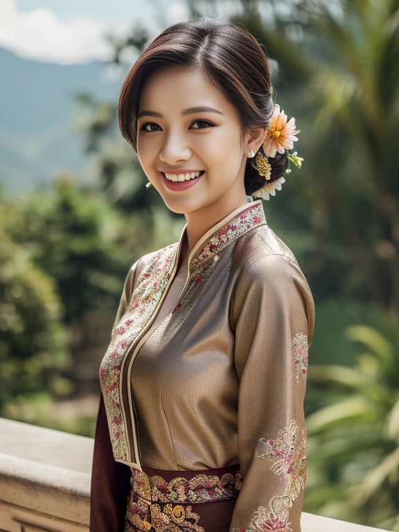 (Best quality, high resolution, Masterpiece: 1.3), a beautiful woman with a slender figure, (dark brown layered hairstyle), wearing a pendant, ((kebaya_bali)) outdoors, scenic beauty, lakes and mountains in distant background, details in face and skin texture beautifully rendered, details eyes, (best quality, high resolution, masterpiece: 1.3), a beautiful woman with a slim figure, (dark brown layered hairstyle),((kebaya_bali)), outdoors, background random, details in face and skin texture beautifully rendered, detail eyes, double eyelids, seductive laugh, feminine laugh, seductive pose, full body