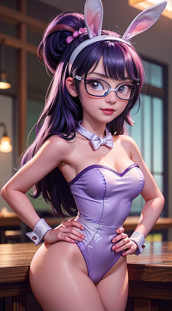 ((best quality)), ((highly detailed)), masterpiece, (detailed eyes, deep eyes), (1girl), dynamic angle, cowboy shot, mlptwilightsparkle, woman, smile, looking at viewer, ((long purple and pink hair)), ((purple eyes)), ((long eyelashes)), ((thick framed glasses)), (((light purple one piece strapless swimsuit))), cleavage, (indoor diner), white bunny tail on butt, (((white wrist cuffs))), ((white collar, bow tie, bunny ears)), woman, sexy, rosy cheeks, large breasts, realistic proportions, headband, hand on hip, curvy body, lipstick, thigh high fishnets, curvy hips, busty, leaning forward, hands on hips