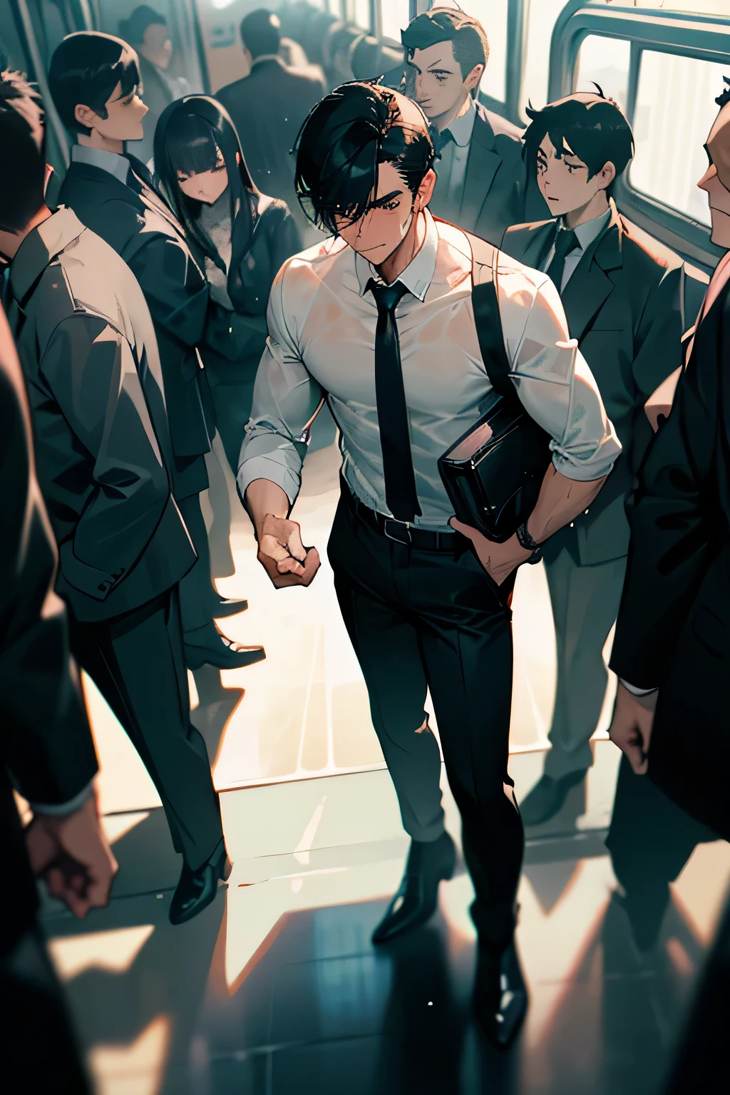 handsome manly short black hair caucasian male in sweat-drenched, soaking wet, drenched with sweat, long-sleeved white shirt with necktie, black pants, black leather shoes, holding a heavy briefcase on the right hand, sweating profusely, tired, standing inside the train, the train is crowded with people and passengers 