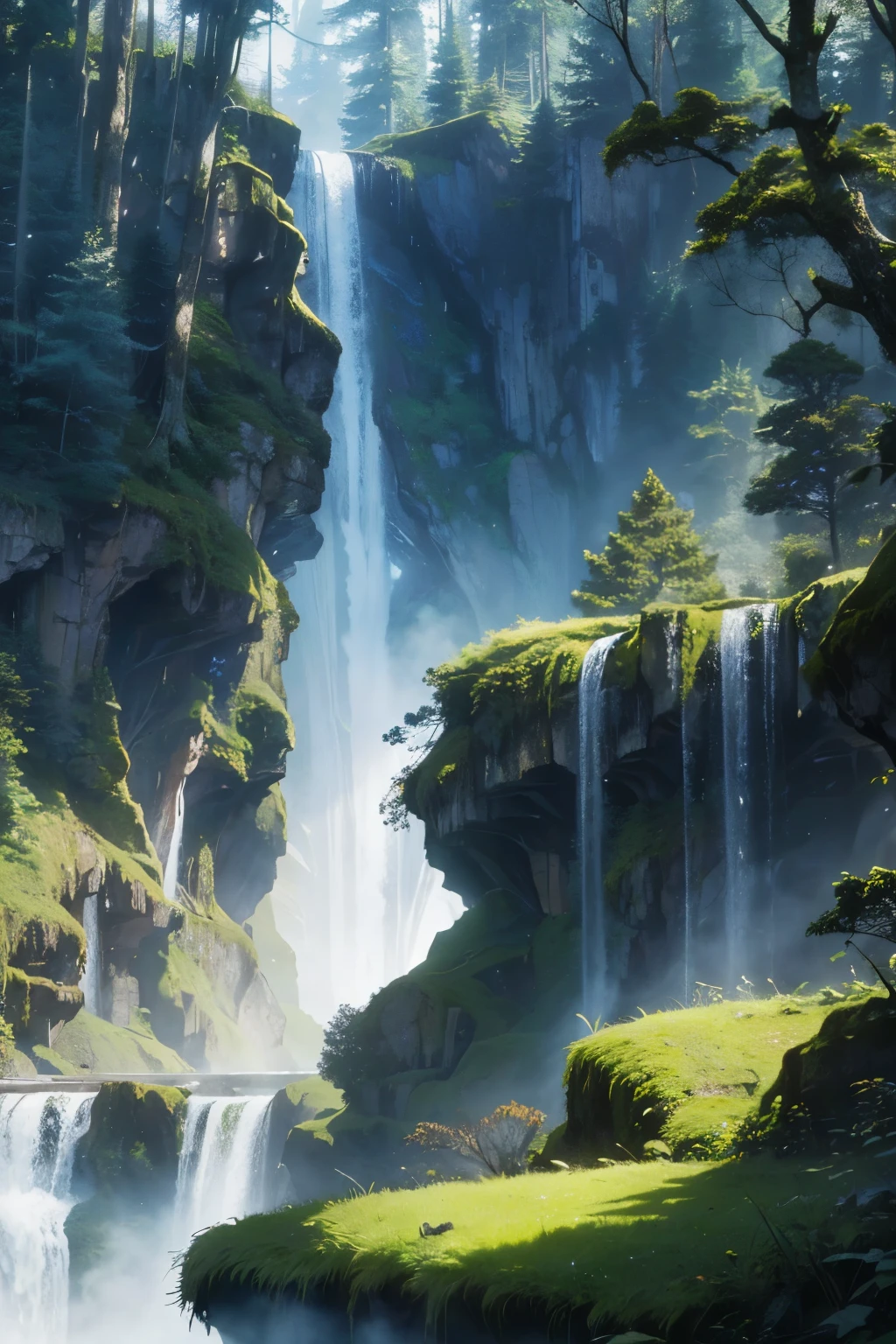 In a mystical and ethereal scenery, Stunning waterfalls cascade down with an enchanting grace, their clear waters shimmering in soft, dream-like light. The surrounding misty mountains are dotted with twisted trees, their rough bark reaching up towards the sky. The leaves on these trees are a rainbow of vibrant colors, adding a burst of beauty to the scene. The dense forest floor is covered with intricately detailed moss, and a soft mist gently shrouds the entire area, creating a magical and captivating atmosphere. The number of falls seems to be infinite, and their intricate details and strong contrast against the sky are truly majestic. This scene is reminis