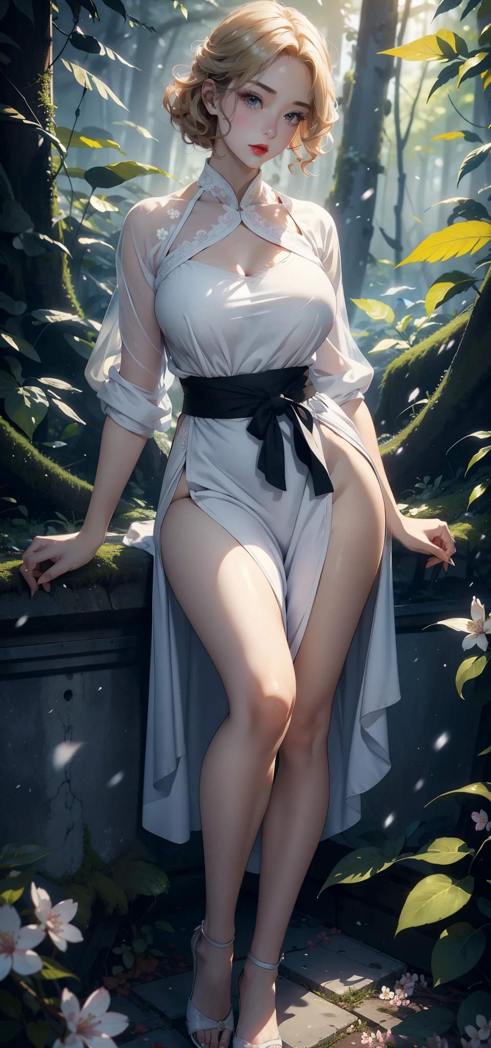 1 female，35 years old，Slim，Very large ，Big breasts and thin waist，Long legs， Solitary，（background：，Cherry blossom forest，Rainforest）standing in the forest， She has short blonde hair，Front view， curls，Cloudy sky，（（（masterpiece），（Very detailed CG unified 8K wallpaper），best quality，Light，详细background，Beautiful and delicate eyes，Smart pupils，black eyes，Snow-white skin，Red lips（very delicate and beautiful），（Beautiful and detailed description of the eyes），Ultra Detailed，masterpiece，））Facing the camera，high resolution，Ultra Detailed），nude，chef，transparent apron