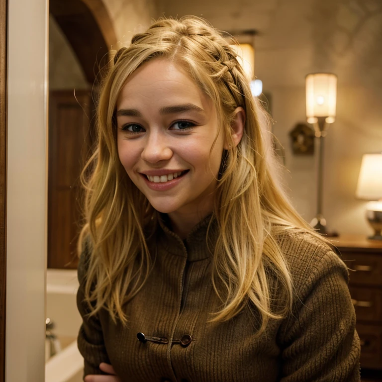 Emilia Clarke with dyed blonde hair showing her hairy vagina and smiling