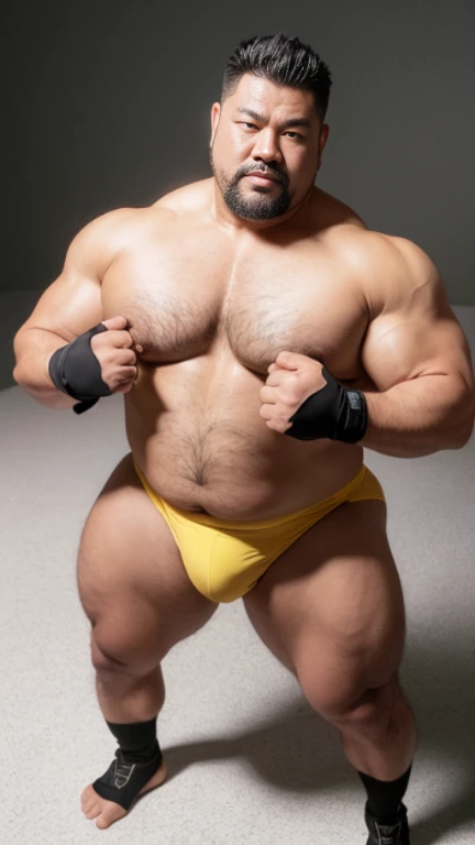 black hair, middle-aged man, individual, male, Muscular wrestler, muscular, Stout wrestler, Asian, Japanese, uncle, 55 year old middle-aged man, short hair, short hair, yellow wrestling boots, full body portrait, shadow, Vision, yellow briefs, obesity, 45 years old, short beard, middle-aged man, tattoo, fingerless gloves, Wheat skin, shiny skin, dark skin, Show your pectoral muscles, sumo wrestler, bodybuilder, wide temples, Visible abdominal muscles, Smile, Fine hands, solid color background, pure white background, Surrealism, Panorama, 8k, super detail，