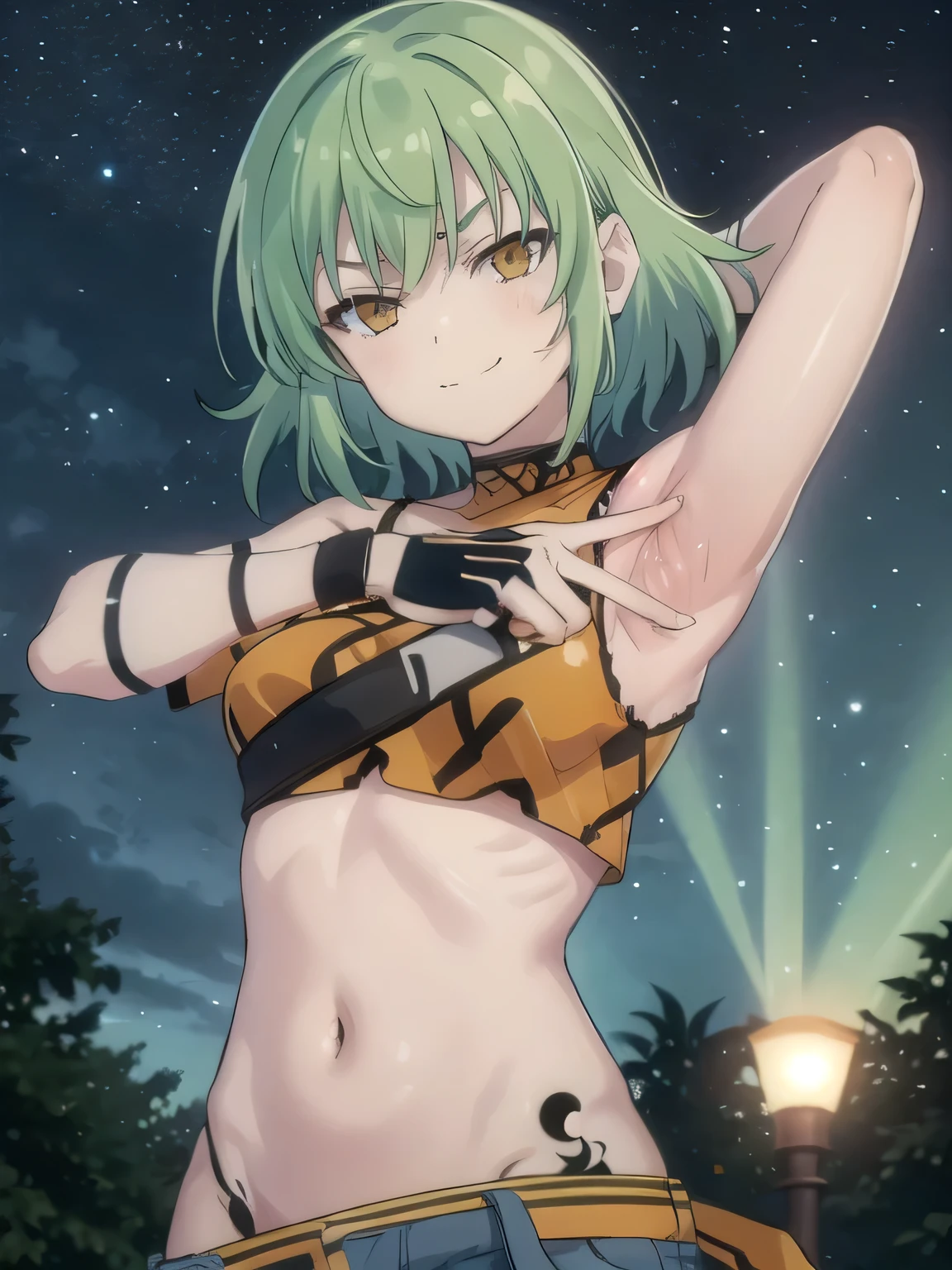  solo, 1girl, hikage, crop top, tattoo, off shoulder, looking at viewer, best quality, v-eyebrows, solo, night sky, forest, arms behind head, short hair, contrapposto, spread armpits, closed mouth, expressionless, upper body, smile,