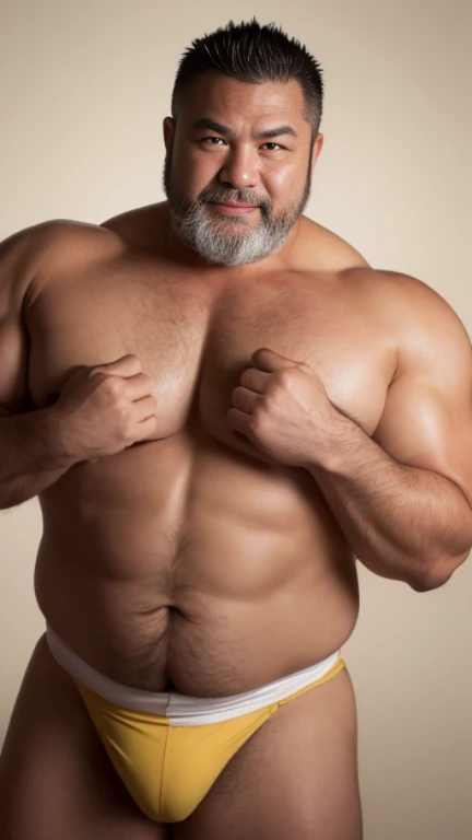 white hair, old man, individual, male, Muscular wrestler, muscular, Stout wrestler, Asian, Japanese, uncle, 55 year old middle-aged man, short hair, short hair, yellow wrestling boots, full body portrait, shadow, Vision, yellow briefs, obesity, 45 years old, short beard, middle-aged man, tattoo, fingerless gloves, Wheat skin, shiny skin, dark skin, Show your pectoral muscles, sumo wrestler, bodybuilder, wide temples, Visible abdominal muscles, Smile, Fine hands, solid color background, pure white background, Surrealism, Panorama, 8k, super detail，