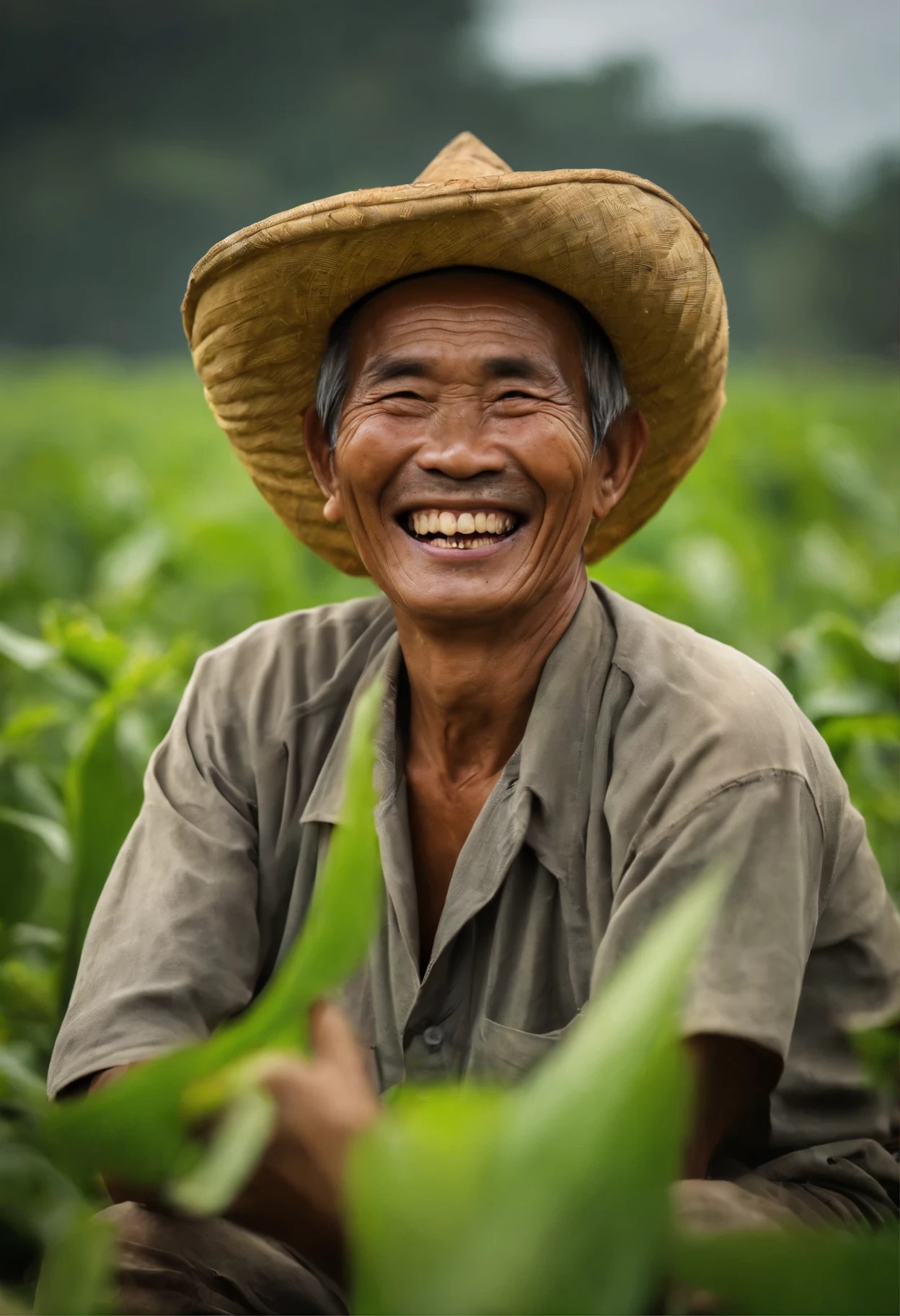 "Thai farmer expressing extreme joy and happiness."