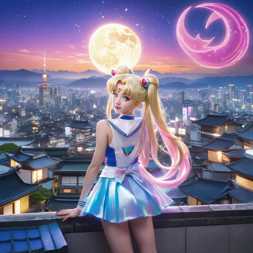 (best quality,4k,8k,highres,masterpiece:1.2),ultra-detailed,(realistic,photorealistic,photo-realistic:1.37),Sailor Moon in her magical form,standing on her rooftop,watching a shadow monster descend upon Tokyo,her magic tingling,night time,shimmering moonlight,glowing city lights,sparkling stars,magical transformation,effortlessly graceful movements,majestic rooftop garden,flowing hair,mystical wand with a crescent moon,beautifully detailed eyes,shimmering dress with pastel colors,playful ribbons floating in the wind,curved rooftops of traditional Japanese buildings,majestic skyscrapers in the background,energetic and dynamic scene,cityscape with modern architecture and neon signs,expressive and determined face,relevant anime style,serene and otherworldly atmosphere,vibrant and vibrant colors.