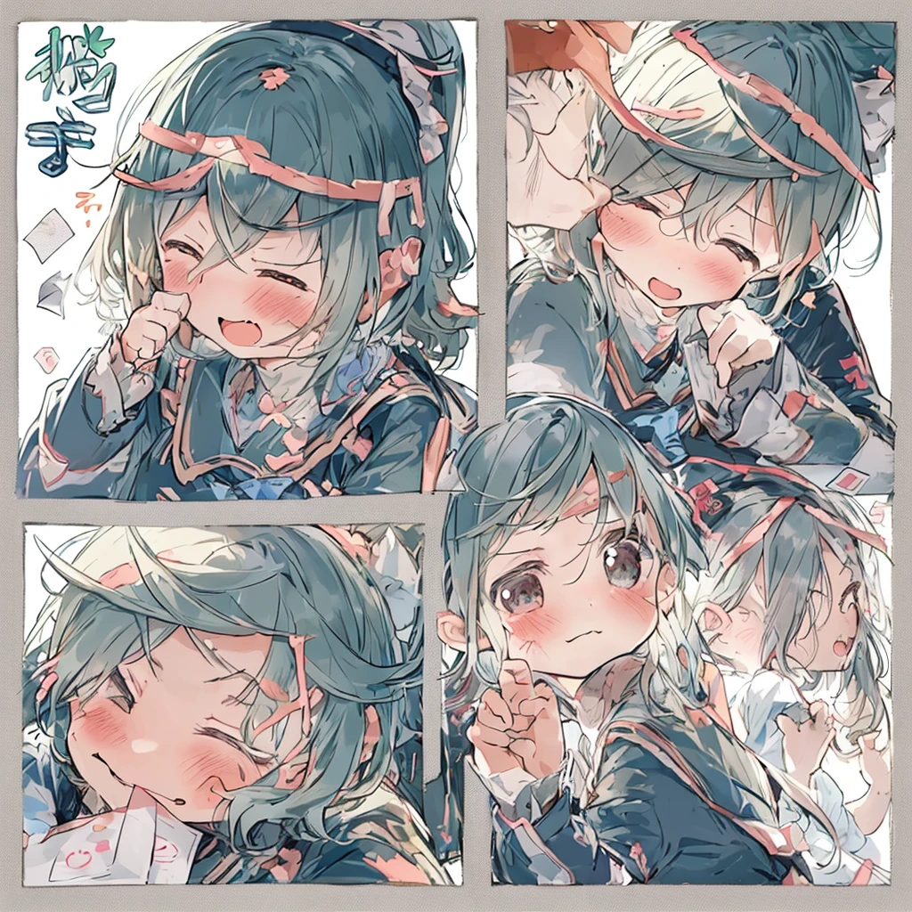 Unblurred lines、anime、cute.Little、pastel colour、Depth of written boundary、highest quality、Mastepiece、An illustration、Little、スタンプAn illustration、Simple Background、2 heads、(((1 sheet of paper evenly divided into 9 parts,,,,|Draw 9 different characters in uniform size in one painting)))Joy and sadness poses and facial expressions、衣装にかわいいスタンプAn illustration,Each character has a different appearance(Joy, anger, sorrow, and happiness)Pose Required。One character raises his hand with a happy smile、The other clenched his fists angrily、however、One is dropping his shoulders with a sad expression。The remaining six characters also have different facial expressions and poses、