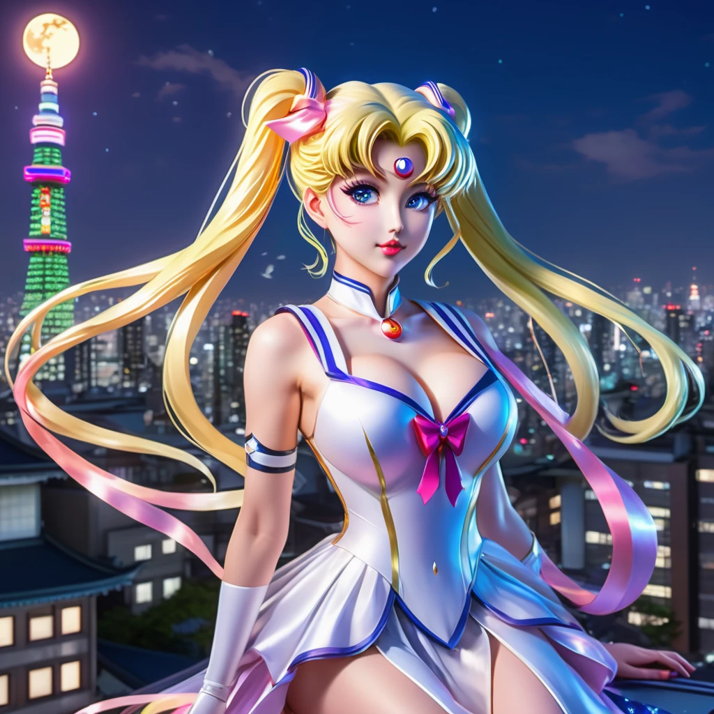 (best quality,4k,8k,highres,masterpiece:1.2),ultra-detailed,(realistic,photorealistic,photo-realistic:1.37),Sailor Moon in her magical form,standing on her rooftop,watching a shadow monster descend upon Tokyo,her magic tingling,night time,shimmering moonlight,glowing city lights,sparkling stars,magical transformation,effortlessly graceful movements,majestic rooftop garden,flowing hair,mystical wand with a crescent moon,beautifully detailed eyes,shimmering dress with pastel colors,playful ribbons floating in the wind,curved rooftops of traditional Japanese buildings,majestic skyscrapers in the background,energetic and dynamic scene,cityscape with modern architecture and neon signs,expressive and determined face,relevant anime style,serene and otherworldly atmosphere,vibrant and vibrant colors.