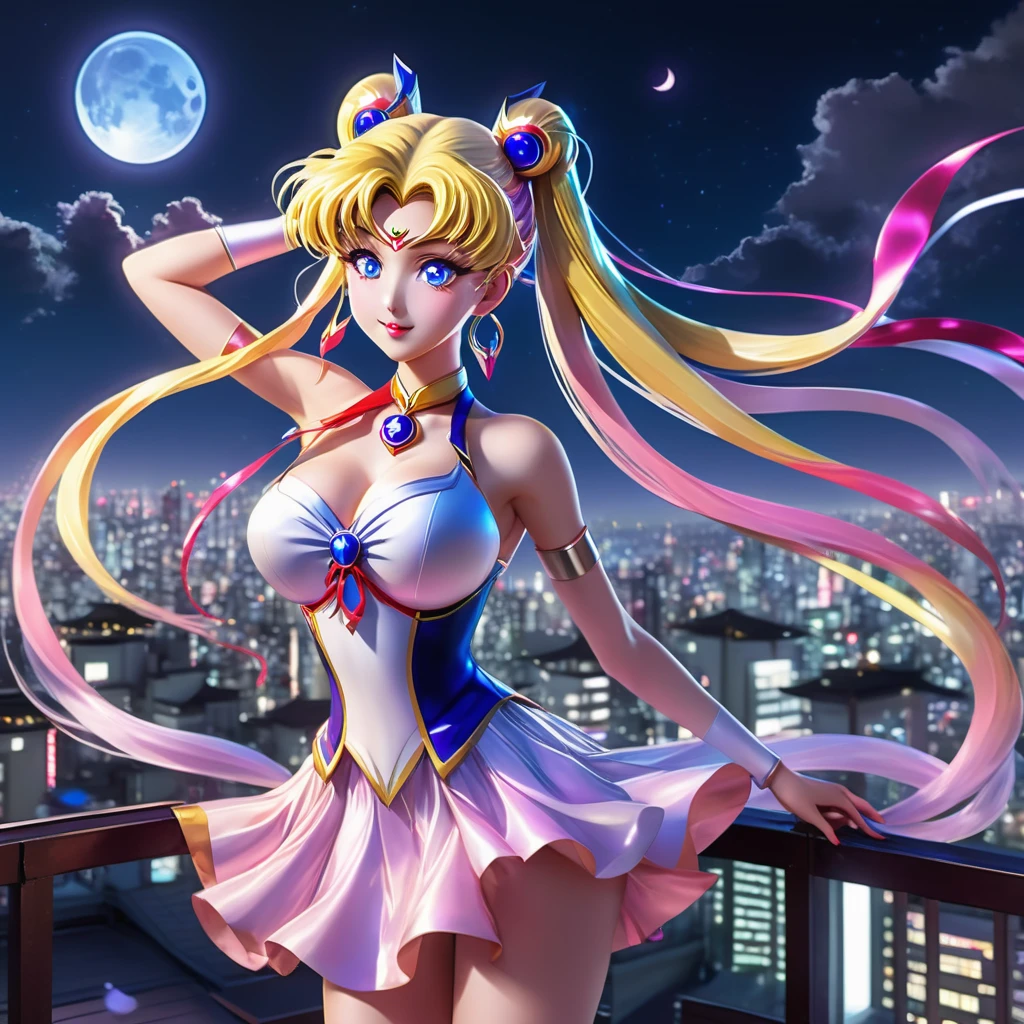 (best quality,4k,8k,highres,masterpiece:1.2),ultra-detailed,(realistic,photorealistic,photo-realistic:1.37),Sailor Moon in her magical form,standing on her rooftop,watching a shadow monster descend upon Tokyo,her magic tingling,night time,shimmering moonlight,glowing city lights,sparkling stars,magical transformation,effortlessly graceful movements,majestic rooftop garden,flowing hair,mystical wand with a crescent moon,beautifully detailed eyes,shimmering dress with pastel colors,playful ribbons floating in the wind,curved rooftops of traditional Japanese buildings,majestic skyscrapers in the background,energetic and dynamic scene,cityscape with modern architecture and neon signs,expressive and determined face,relevant anime style,serene and otherworldly atmosphere,vibrant and vibrant colors.