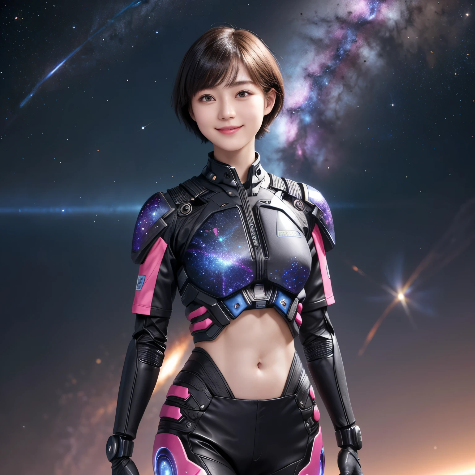 214 Short Hair, 20-year-old woman, A kind smile, Floral, Futuristic clothing, Mechanical Suit, ((Clothes that show abs、Clothes with short sleeves)), (The background is a galaxy and nebula)