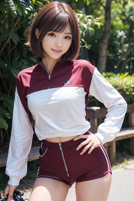 cute japanese college student、21 years old、Super detailed face、Attention to detail、double eyelid、Beautiful thin nose、Sharp focus:1.2、Beautiful woman:1.4、(Maroon brown hair、Short Hair)、（Detailed facial features）、Brunette eyes、natural bangs、White skin、highest quality、masterpiece、超A high resolution、(Photorealistic:1.4)、Highly detailed and professionally lit smile、looking at the camera、Medium Bob Hair、Bright lighting、Professional Lighting、Smooth lighting、One person is standing、(Cool long sleeve cycling jersey), (Red belly shorts)、（Outdoor）、