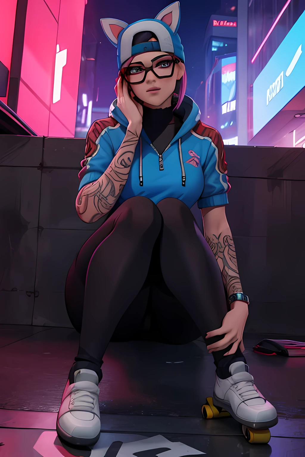 lince Cyberpunk, Noche, pulsera de picos,gorro de invierno , shorts negro con leggins Azul Marino, chaqueta azul marino , EXTREMADAMENTE DETALLADO, ROSTRO DETALLADO, gafas ,hermoso rostro, ojos finos, mirando al espectador, skate